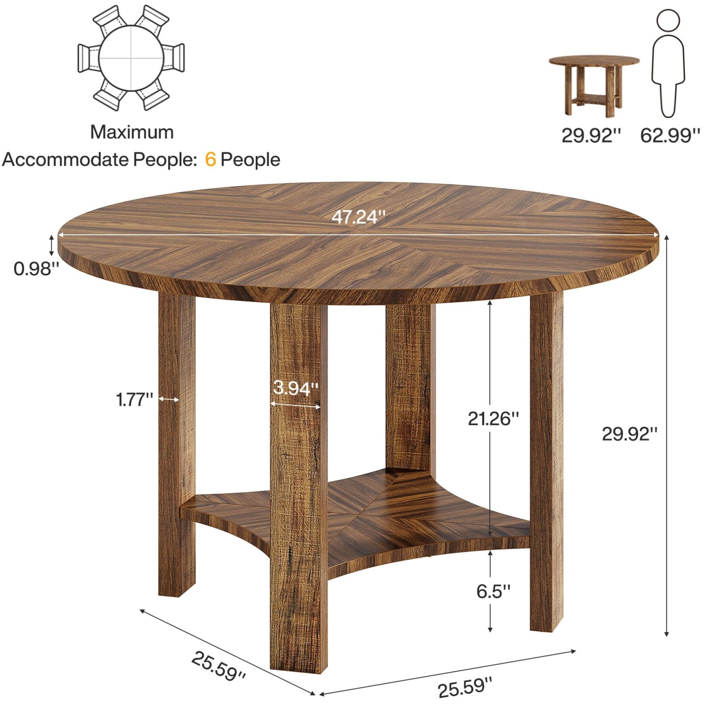 Tribesigns 47-Inch Round Dining Table for 4, Farmhouse Kitchen Table with Storage Shelf, Wooden Circle Dinner Table for Dining Room, Living Room, Small Spaces (Walnut)