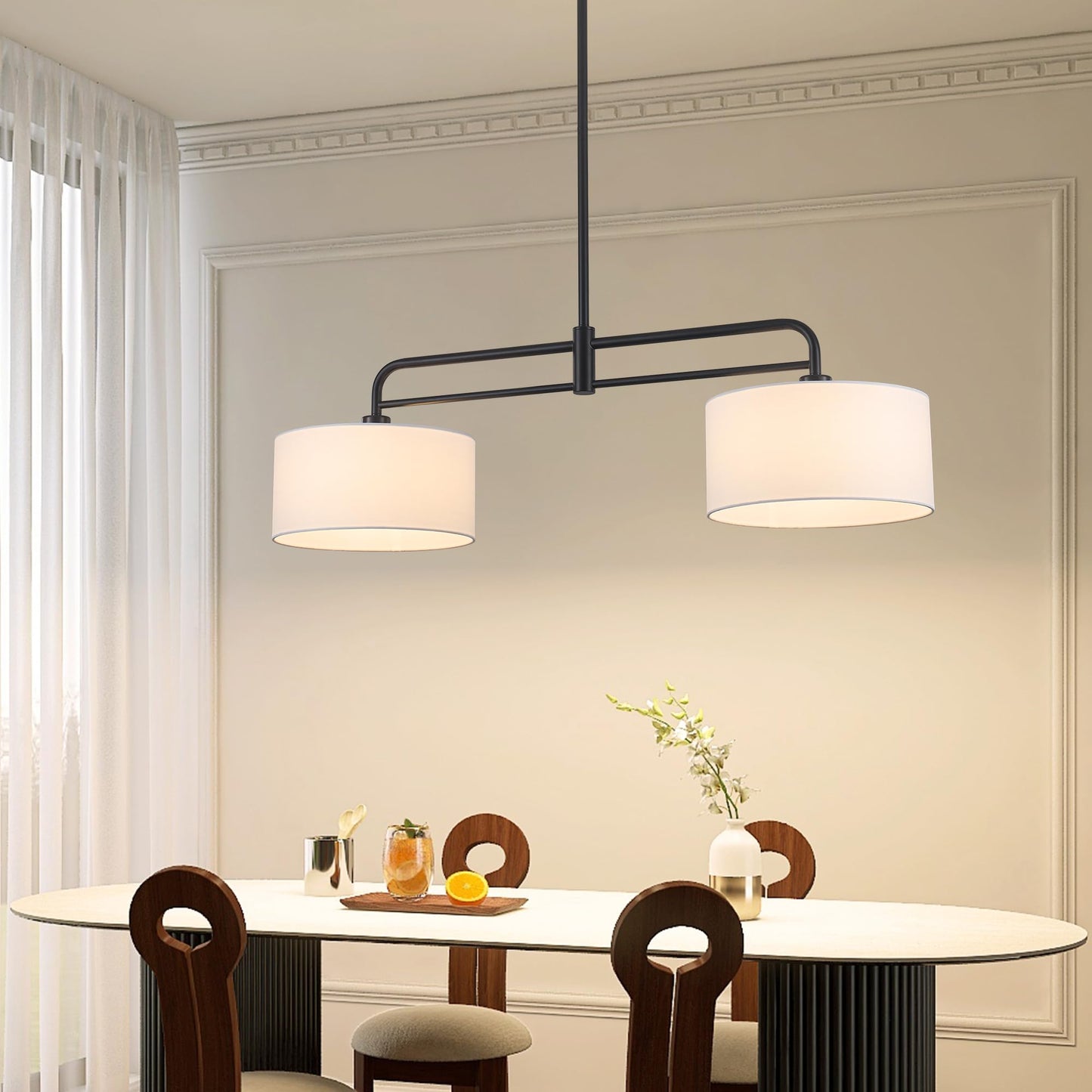 40" Linear Pendant Light for Kitchen Island,2-Light White Linen Drum Light Fixtures with Black Metal Linear Light Fixture for Dining Room Farmhouse Chandelier over Table,Bar Living Room,E26