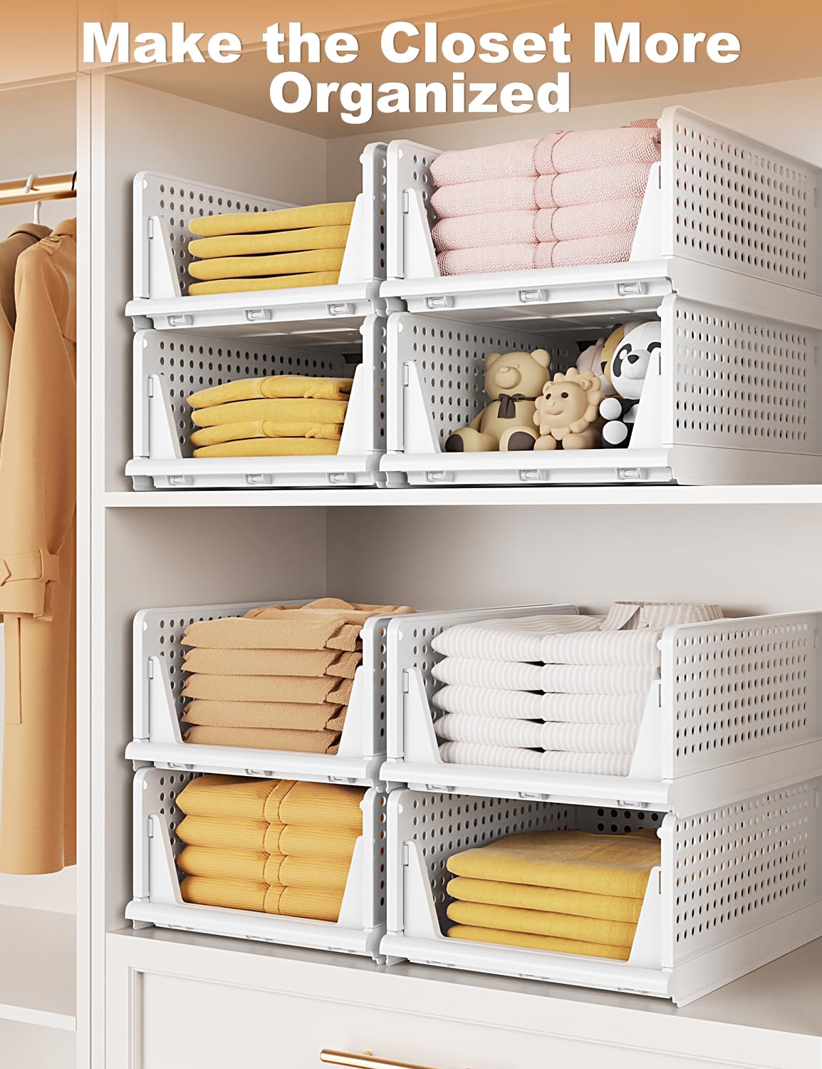 5 Pack Closet Organizer System, Stackable Plastic Clothes Storage Basket, Stackable, Foldable Organizers for Wardrobe Clothes Organizer Suitable for Bedrooms Bathrooms Kitchen Living Rooms Office Dorm