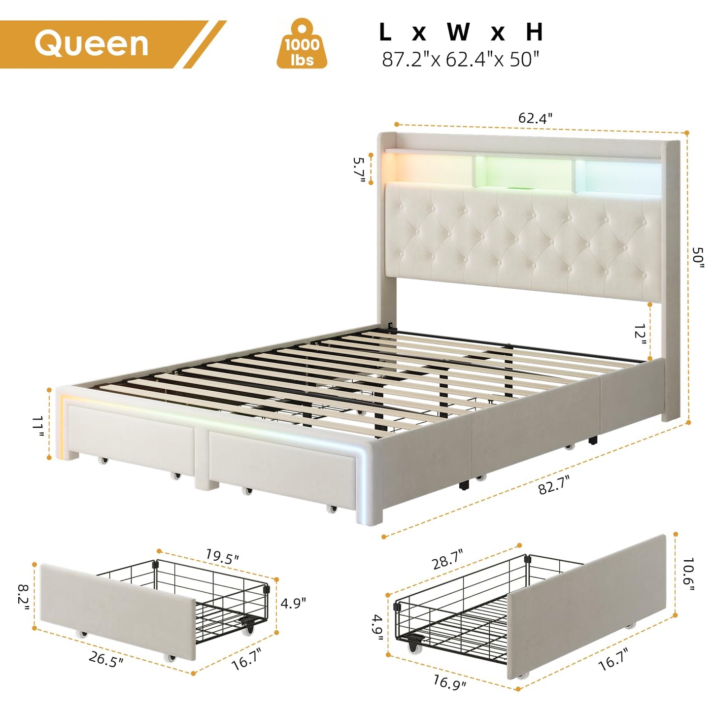 VINTLJUS Queen LED Bed Frame with Storage Headboard & Charging Station, Velvet Fabric Platform Bed Frames with 4 Drawers, No Box Spring Needed, Button Tufted Upholstered, Beige