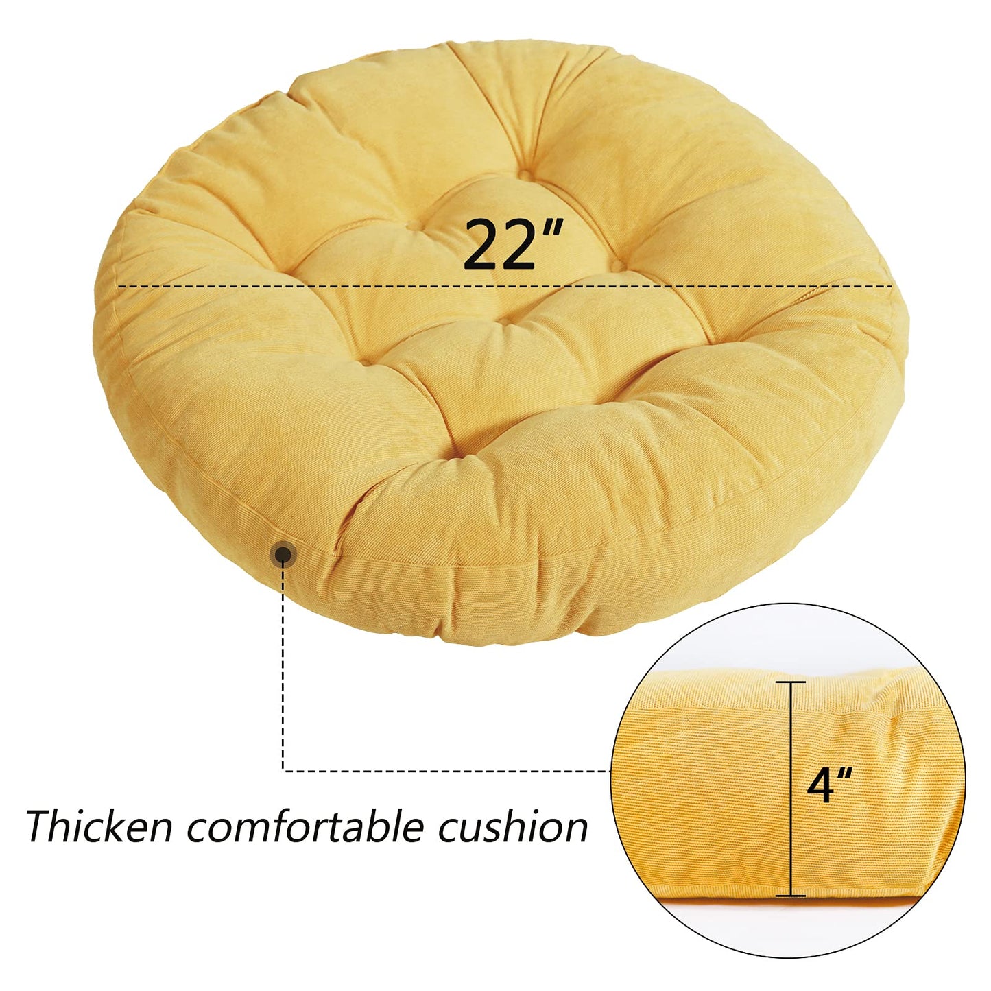 Tiita Floor Pillows Cushions Round Chair Cushion Outdoor Seat Pads for Sitting Meditation Yoga Living Room Sofa Balcony 22x22 Inch, Yellow