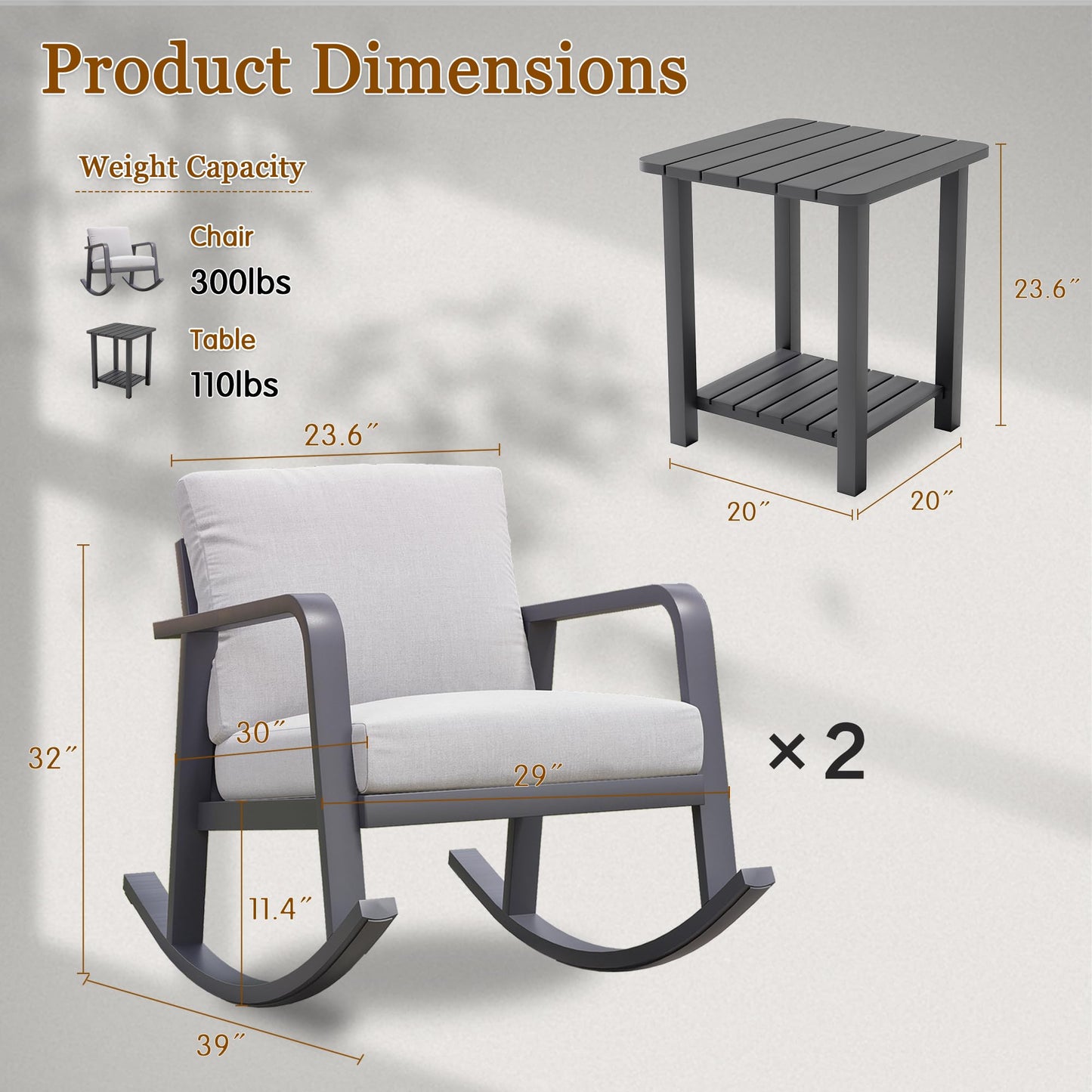 Trenlogne 3 Piece Outdoor Rocking Chairs, Patio Bistro Set with 2 Rockers and 1 Metal Coffee Table, Oversize Aluminum Conversation Set for Garden, Balcony, Backyard