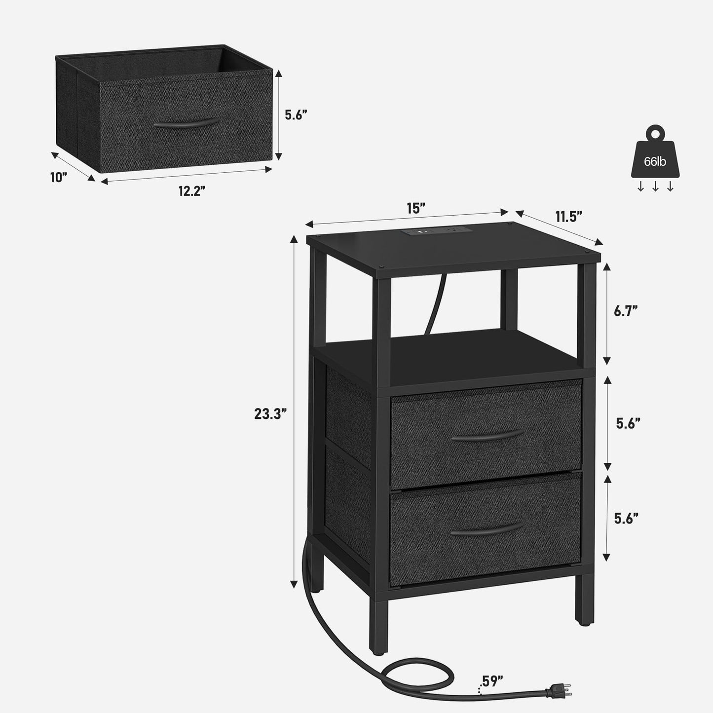 TUTOTAK End Table with Charging Station, Side Table with 2 USB Ports and Outlets, Nightstand with Cloth Drawer, Set of 2, Couch Table, Black TB01BK067