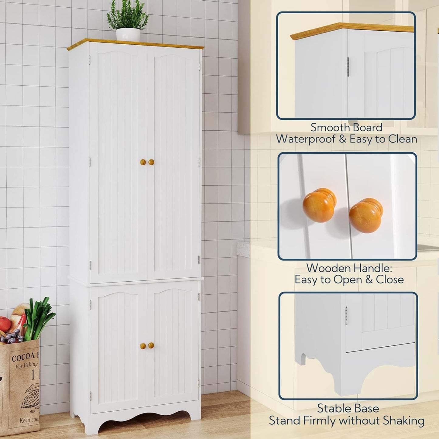 Yusong 72'' Tall Kitchen Pantry Cabinet, Freestanding Storage Cabinet with Doors and Shelves, Wooden Food Pantry Farmhouse Cupboard Buffet for Kitchen Dining Living Room, White