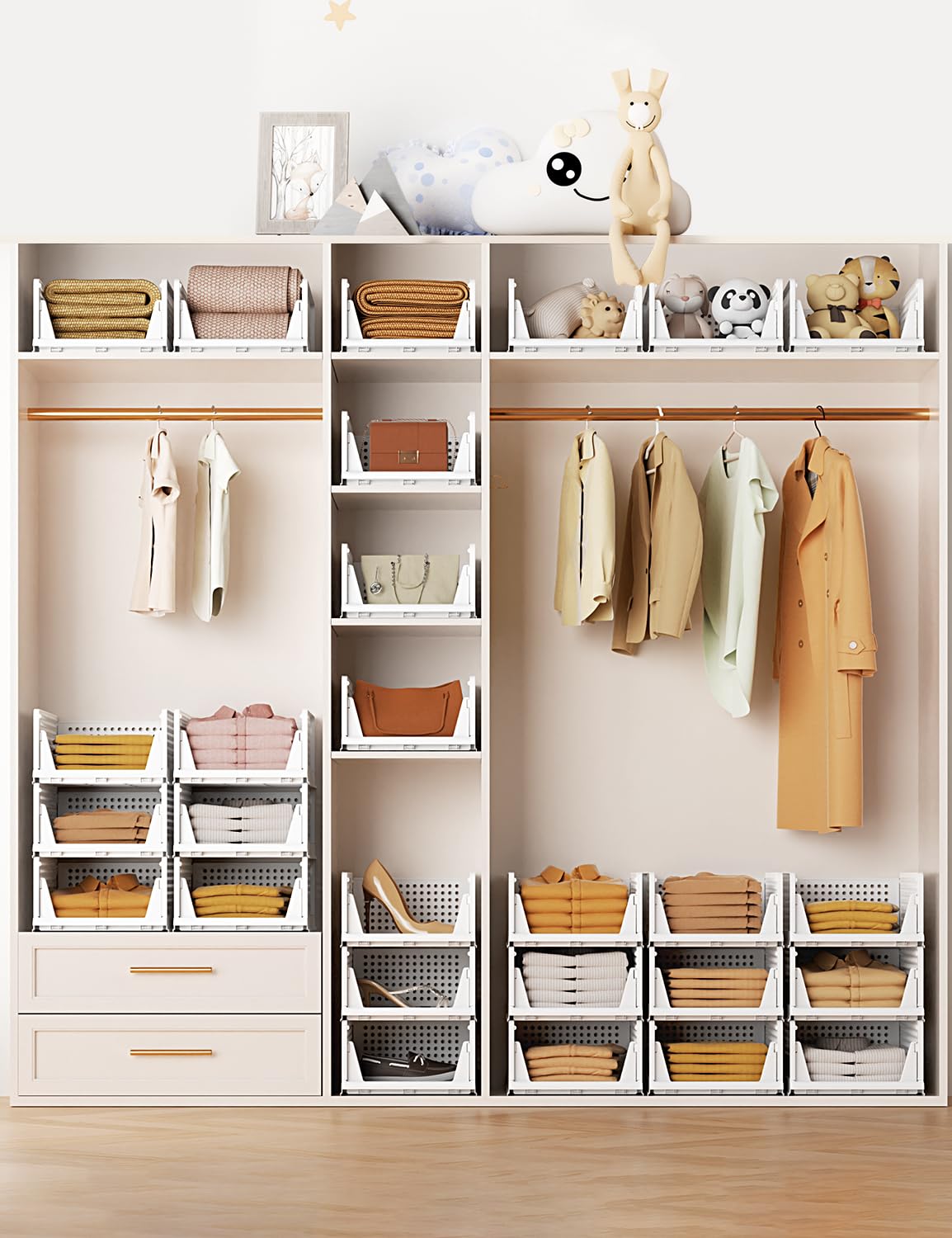 5 Pack Closet Organizer System, Stackable Plastic Clothes Storage Basket, Stackable, Foldable Organizers for Wardrobe Clothes Organizer Suitable for Bedrooms Bathrooms Kitchen Living Rooms Office Dorm