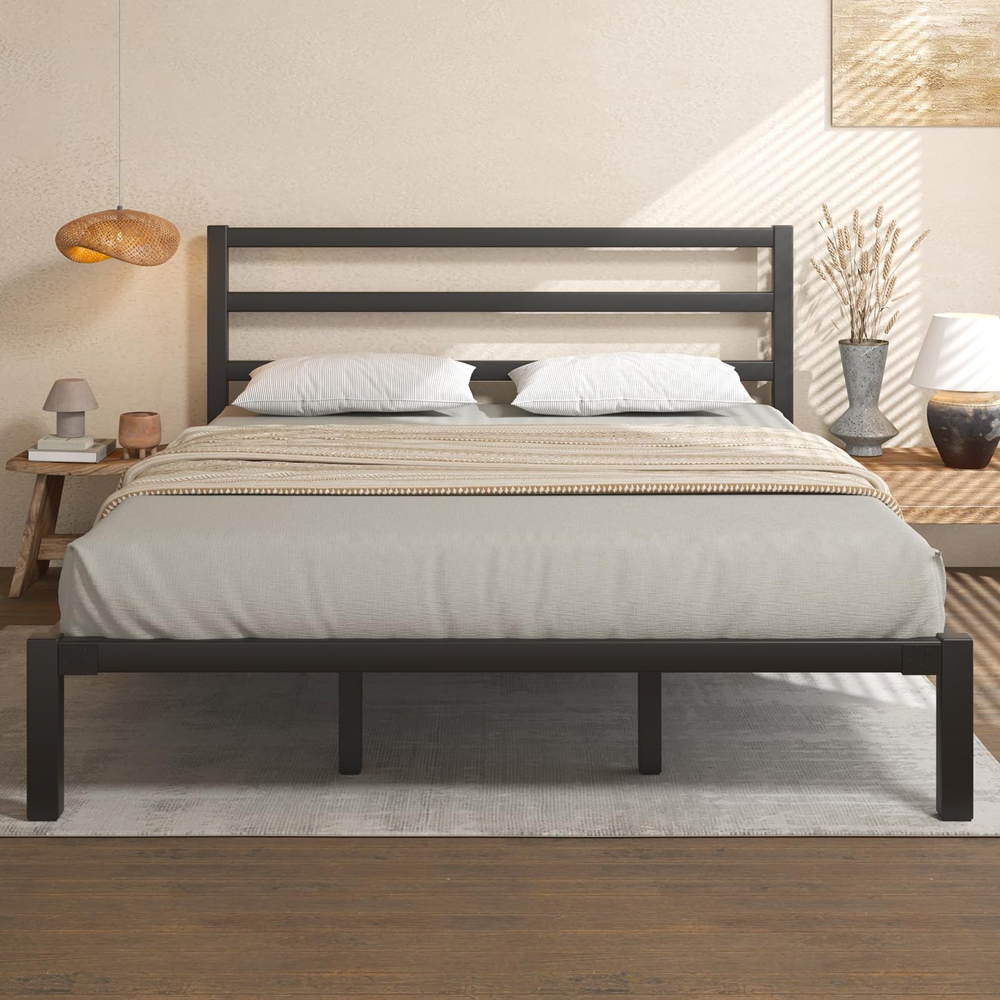 E-Motie King Size Bed Frame, Metal Platform Bed Frame with Headboard, Mattress Foundation with Spacious Underbed Storage, No Box Spring Needed, Easy Assembly, Modern, Black