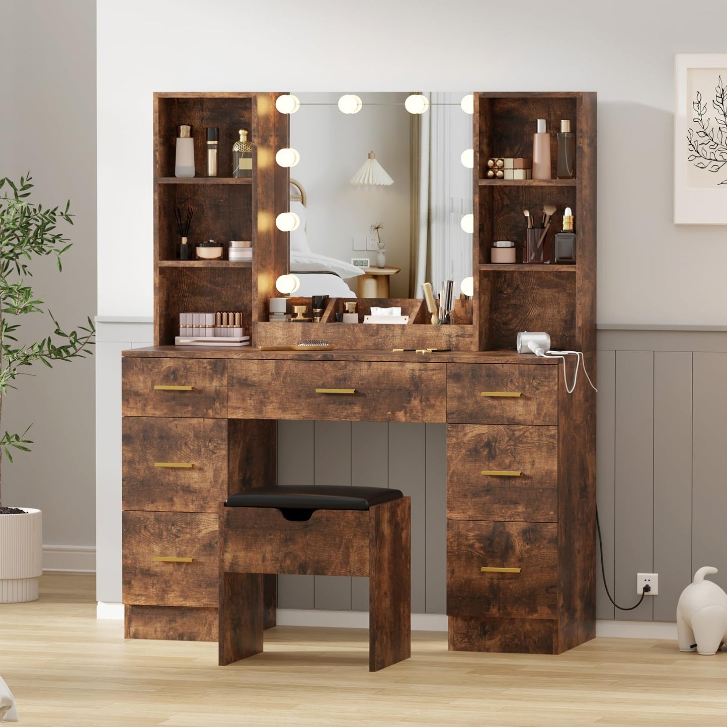 Garvee 56" Modern Vanity Set with LED Lighted Mirror,Farmhouse Makeup Vanity with Power Outlet&Storage Shelves,Bedroom Dressing Table for Women&Girls,3 Lighting Modes,Brightness Adjustable(Brown)