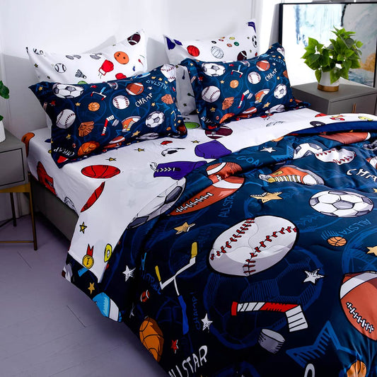 Wajade Sports Comforter Set - 7 Piece Queen Bedding with 3D Soccer, Basketball, Baseball, Football Design for Kids