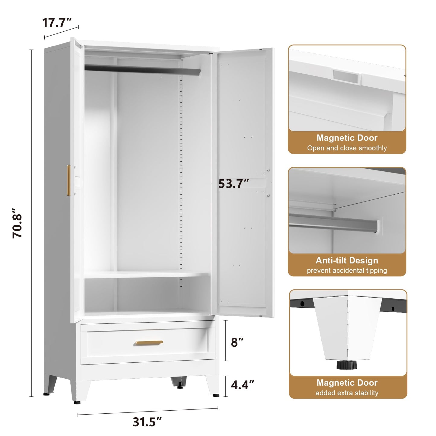 Washsemba 71'' Farmhouse Metal Wardrobe Cabinet with Hanging Rod, 2 Barn Door Wardrobe Closet with Adjustable Shelves,Drawer,for Dining Room,Bedroom,Living Room, Cloak Room,Office (White)