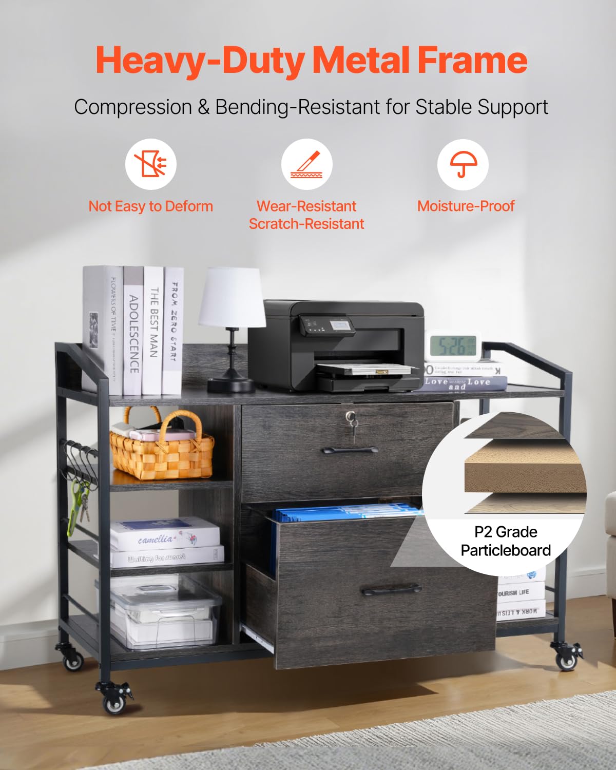 VEVOR 2 Drawers Metal File Cabinet, Lateral Filing Cabinet with Lock and 6 Open Shelves, Wooden Wide Filing Storage Cabinets with Power Strip for Letter, A4, Legal Size File, Easy Assembly, Gray