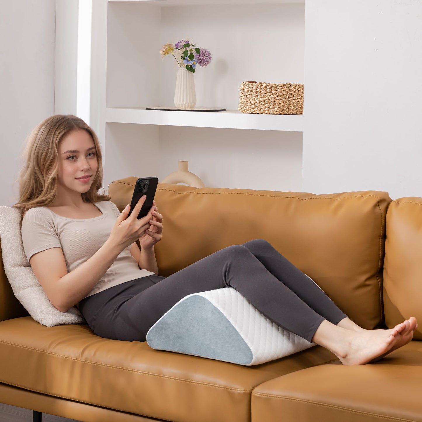 Knee Wedge Pillow 6.3'' for Post-Surgery Recovery - Leg Elevation Support for Sleep Position,Alleviating Lower Back & Hip Pain Enhancing Circulation in Ankles Legs Triangle Pillow with Removable Cover