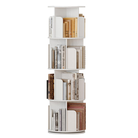 VDNEND Wooden 4 Tier Rotating Bookshelf, Spinning Bookshelf Tower,Modern Revolving Small Bookcase for Corner,Living Room,Bedroom (Embossed White, 4-Tier)