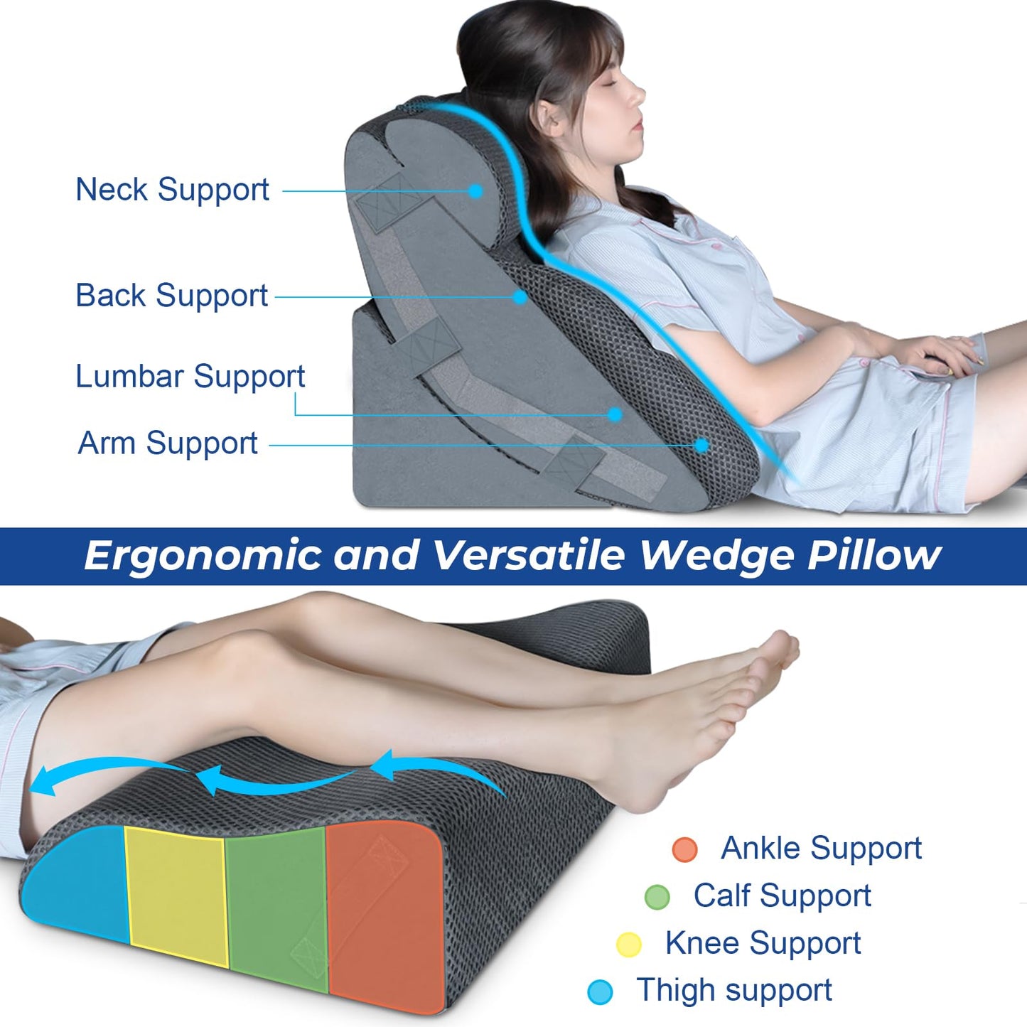 KingPavonini 4PCS Bed Wedge Pillow Post Surgery, Orthopaedic Sleeping Wedge Pillow Set for Neck, Back and Leg Pain Relief, Acid Reflux, GERD, Wedge Pillow for Sleep Apnea with Travel Bag