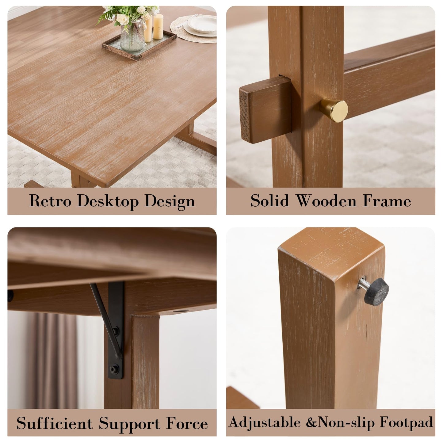 Ya-Home 63 Inch Farmhouse Dining Table for 4-6 People, Rectangular Wood Rustic Kitchen Table Dinner Table for Dining Room Living Room, Antique Brown