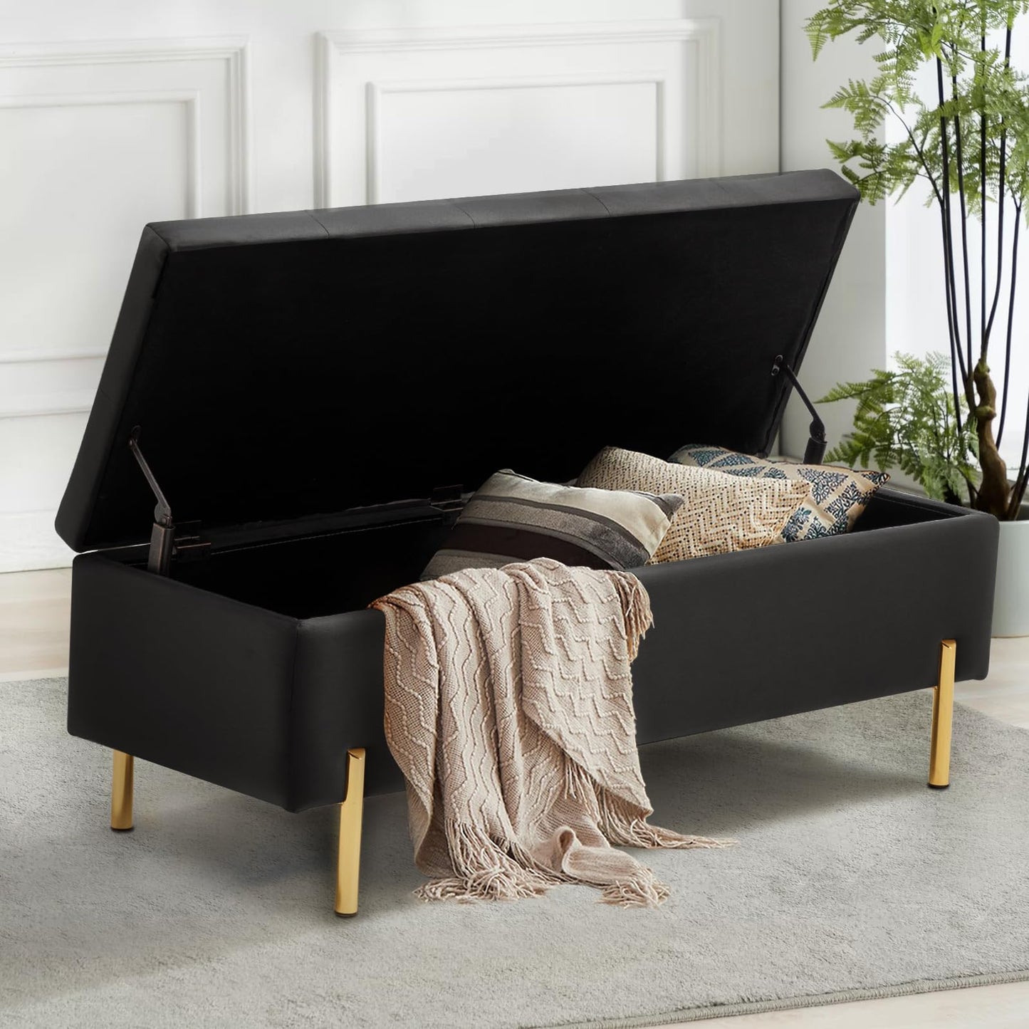 TUOMUR 45.6 Inch Velvet Storage Ottoman, Rectangular Accent Bench for Bedroom & Living Room, Black