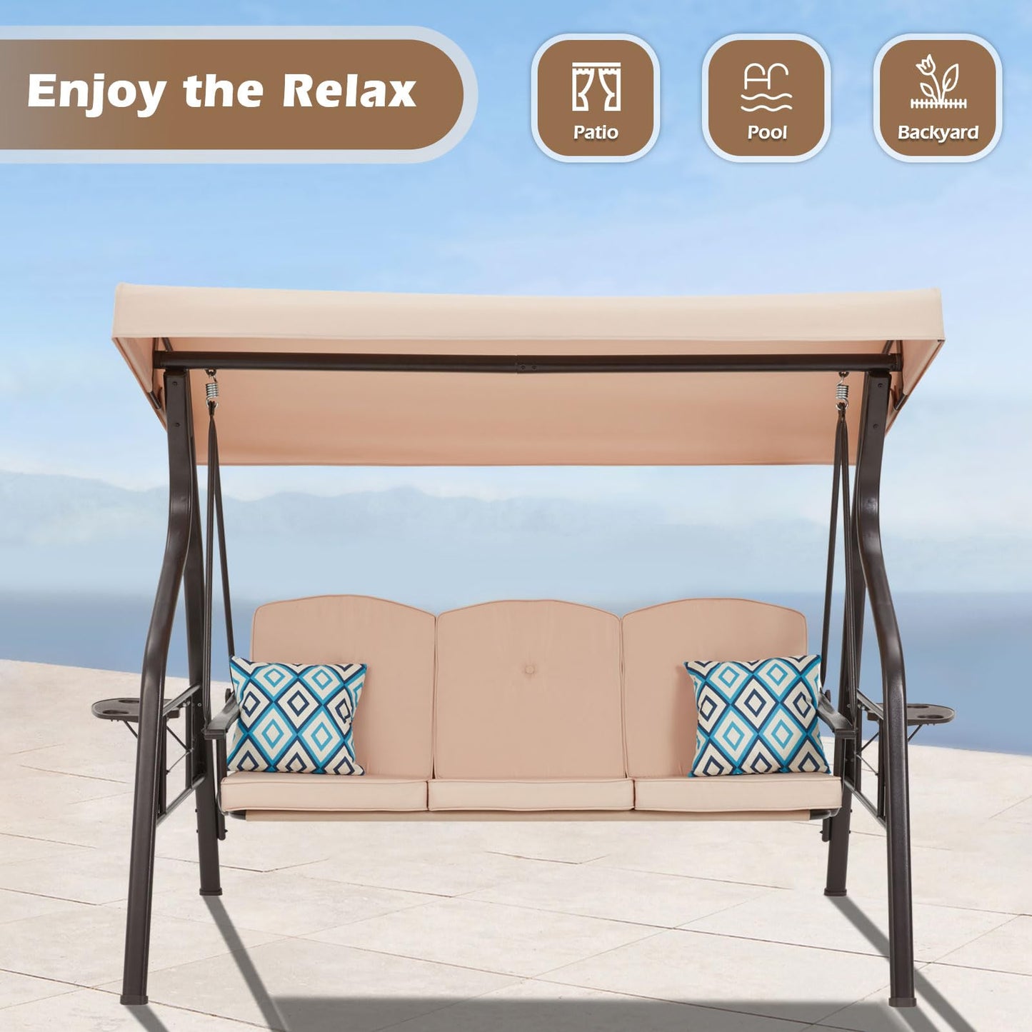 ZZW 3-Seat Outdoor Porch Swing with Stand, Patio Swing with Canopy, 2 in 1 Porch Swing Bed & Patio Swing Chair for Adult, w/Extra Pillows and Cup Holder for Yard