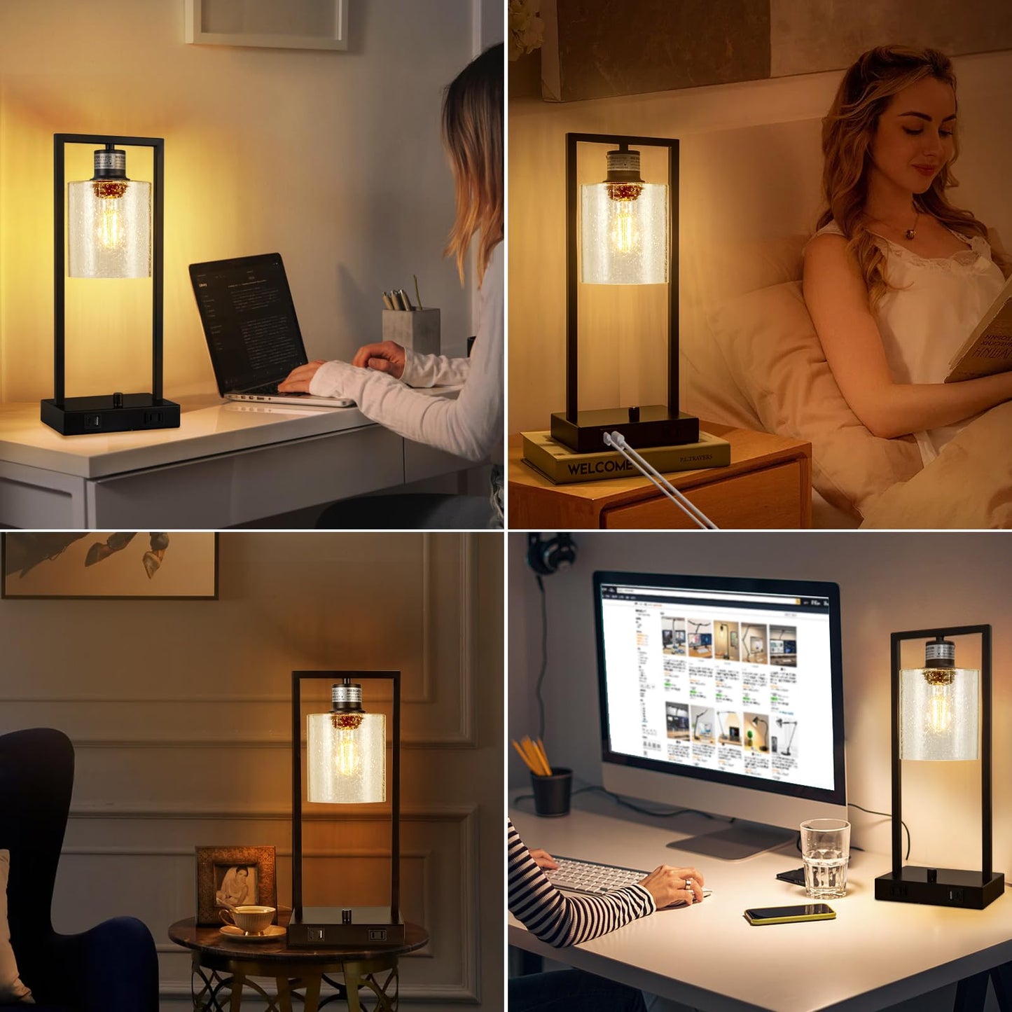 Vikdio 16" Set of 2 Industrial Table Lamps with USB A+C Charging Ports and AC Outlet, Fully Stepless Dimmable Bedside Lamps with Seeded Glass Shade for Bedroom Living Room Office, LED Bulbs Included