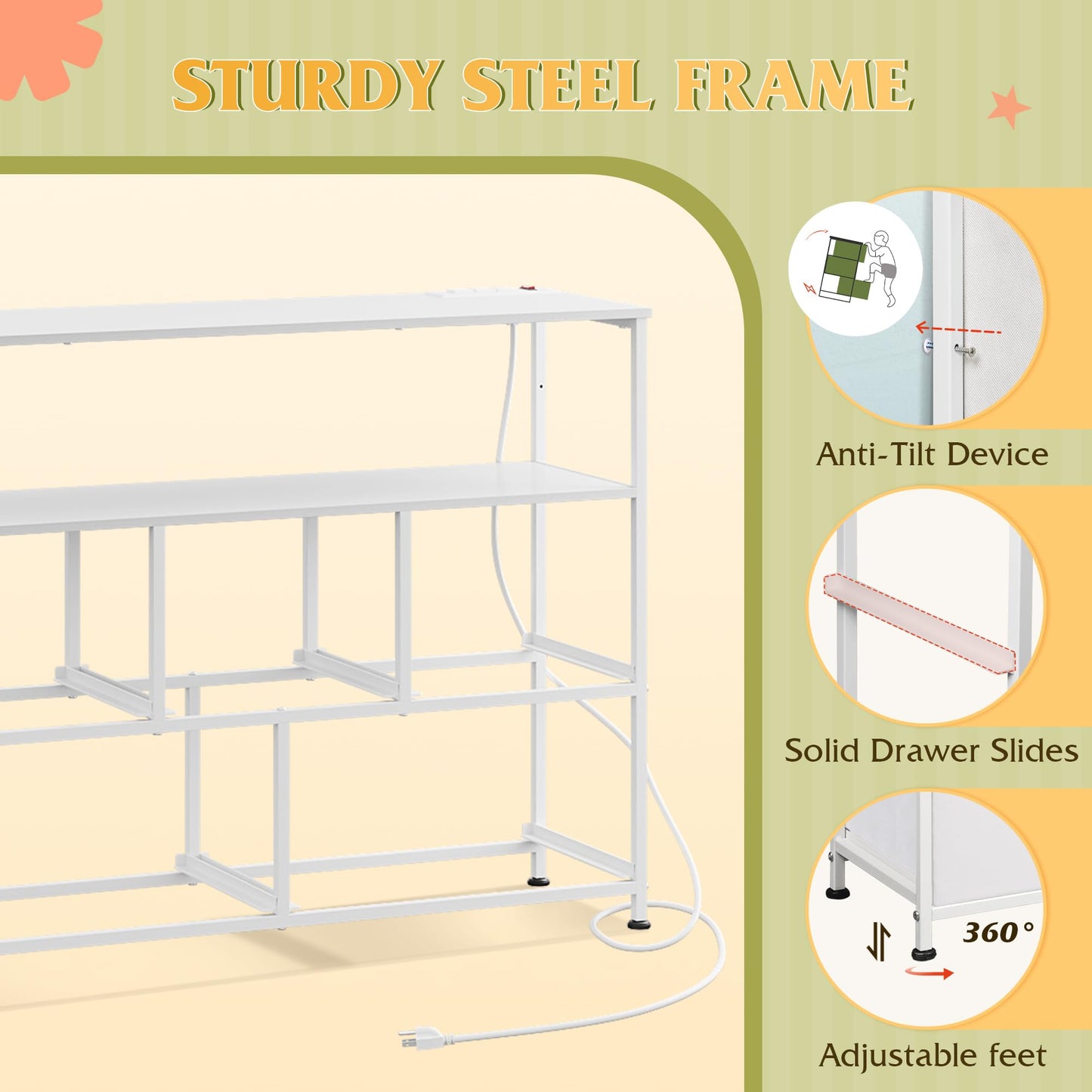 WLIVE White Dresser for Bedroom, 5 Drawer Dressers with Charging Station, Fabric Chest of Drawers with Open Shelves, Storage Dresser for Living Room, Closet, Entryway