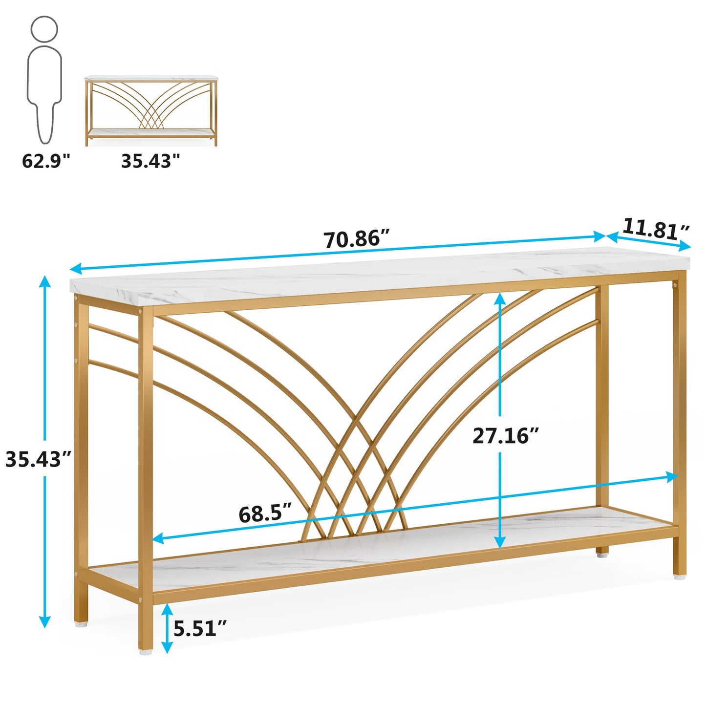 Tribesigns 70.9 inch Extra Long Console Table, Faux Marble Entryway Table with 2 Tier Storage Shelf, Narrow Sofa Table Behind Couch, Modern Hallway Accent Table for Living Room, White and Gold