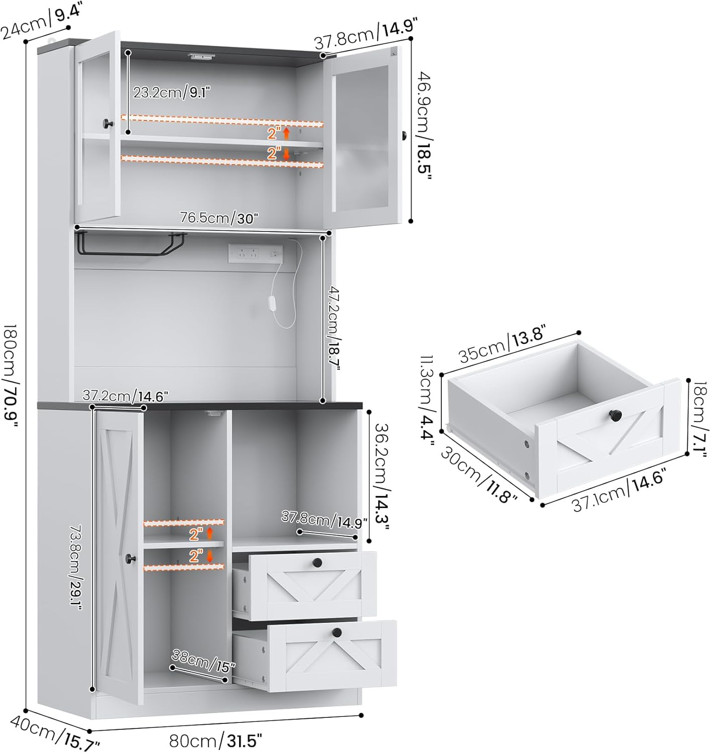 71" Tall Coffee Bar Cabinet with Storage Hutch, Farmhouse Kitchen Pantry Cabinet with LED Lights Microwave Stand and Glass Holder for Home Dining Room Kitchen,White