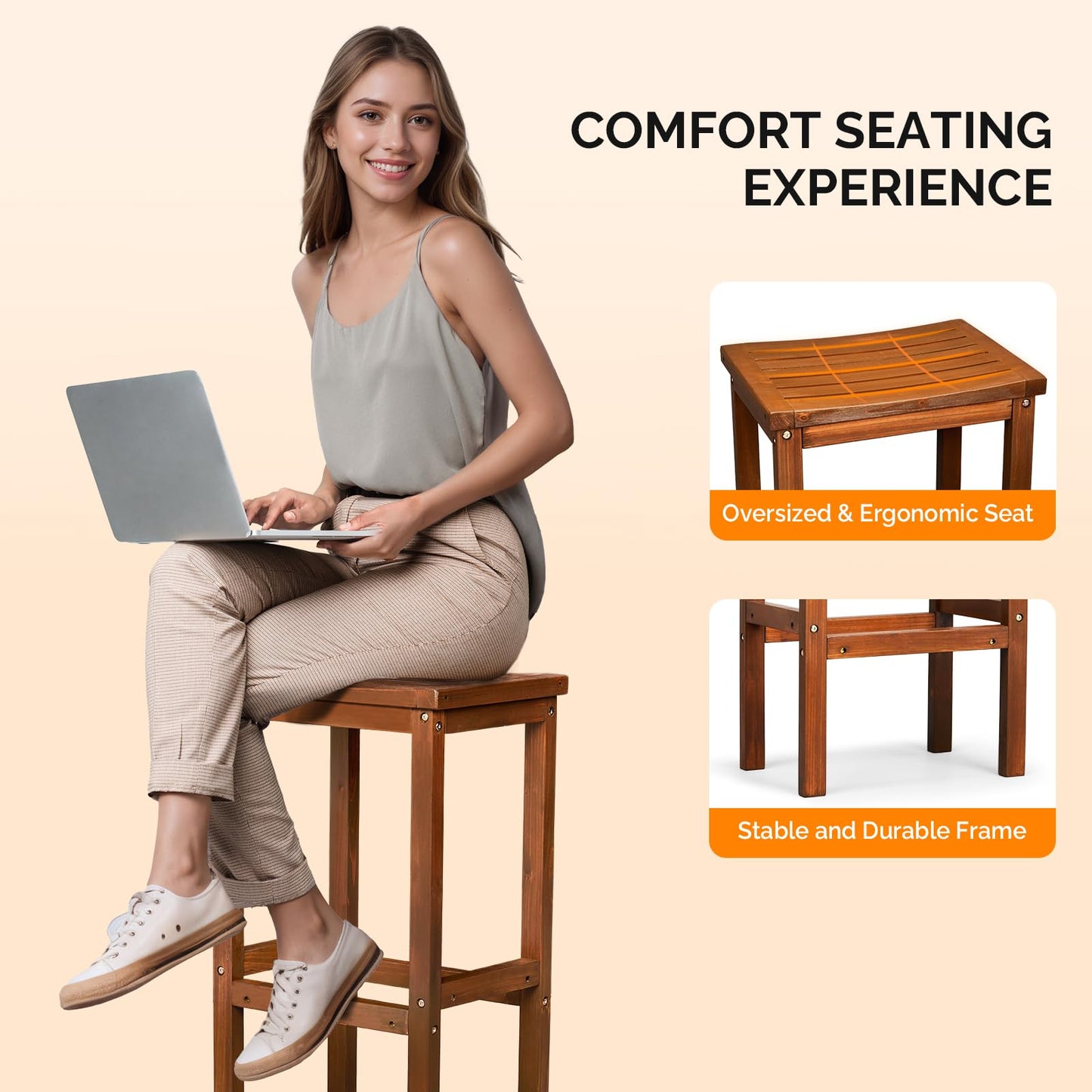 VINGLI Outdoor Bar Stools Set of 2, Solid Wood Bar Height Chairs Waterproof Patio Stools for Garden, Balcony, Kitchen, Backyard (Brown)