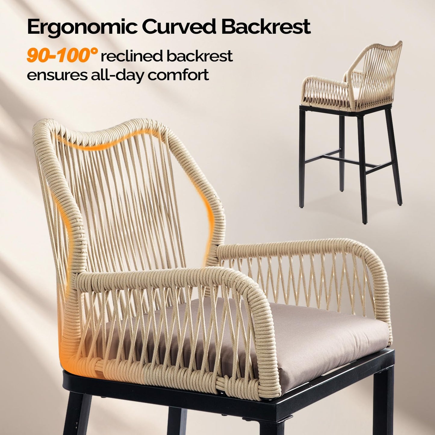 VINGLI Outdoor Bar Stools Set of 2, Heavy-Duty Outdoor Barstools Boho Woven Patio Bar Stools with Backrest, Patio Garden Balcony Pool Bar Chairs with Cushions (Apricot)