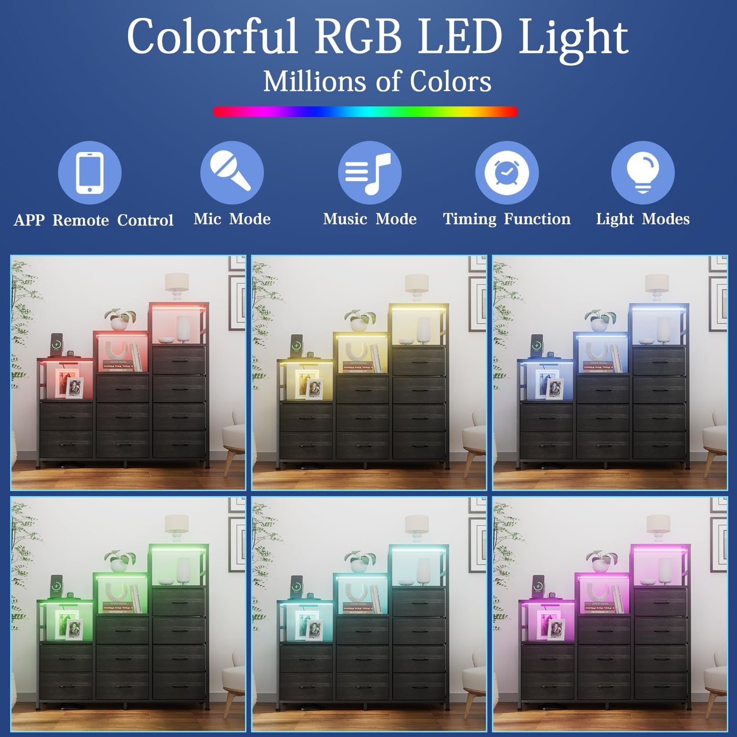 HPWLYO 9 Drawer Dresser with LED Light, Tall Fabric Drawers Dresser for Bedroom with Power Outlets, Dressers & Chests of Drawers with 3 Shelves for Bedroom