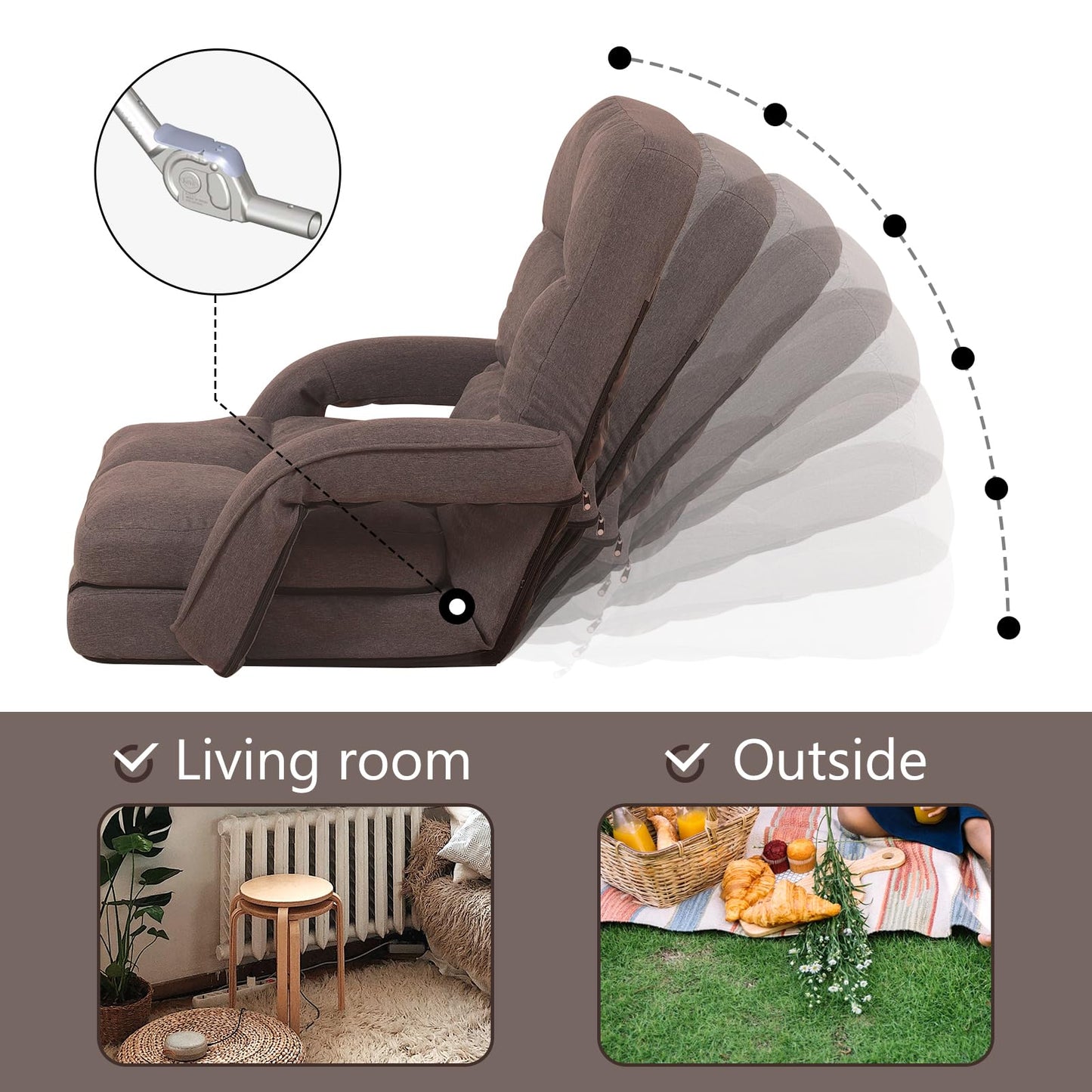 DeeLyan Indoor Floor Chair with Armrest and Pillow Folding Chaise Lounge Sofa 14-Position Adjustable Comfy Gaming Recliner Chair Padded Seats for Adults (Brown)