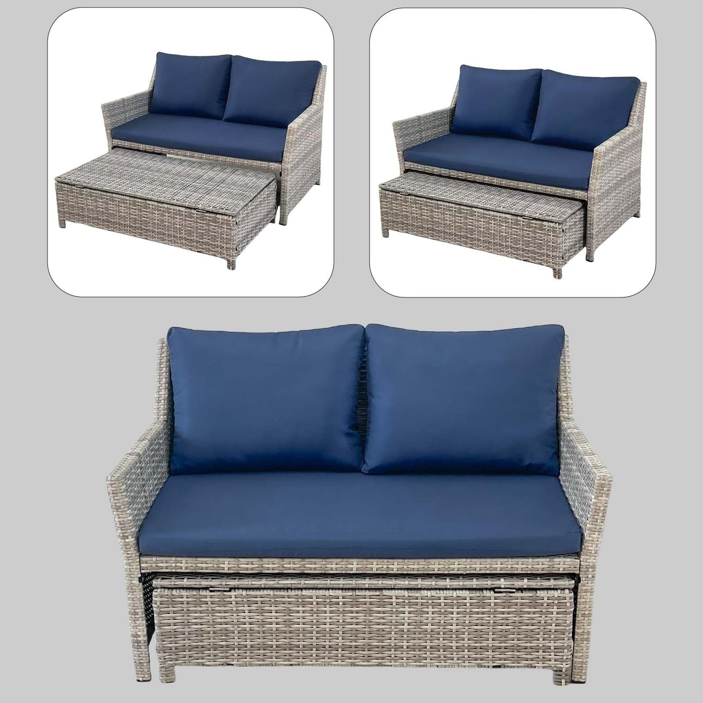 2 Piece Patio Sofa, Outdoor Patio Loveseat with Built-in Storage Bin, Wicker Couch with Coffee Table, for Balcony,Porch,Pool (Grey-Blue)