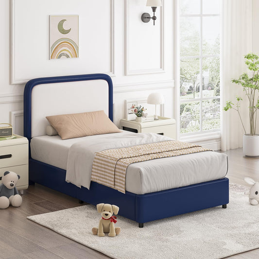 Twin Bed Frame with Headboard, Bed Frame Twin Size with Wood Slats Support, No Box Spring Needed, Easy Assembly, Blue
