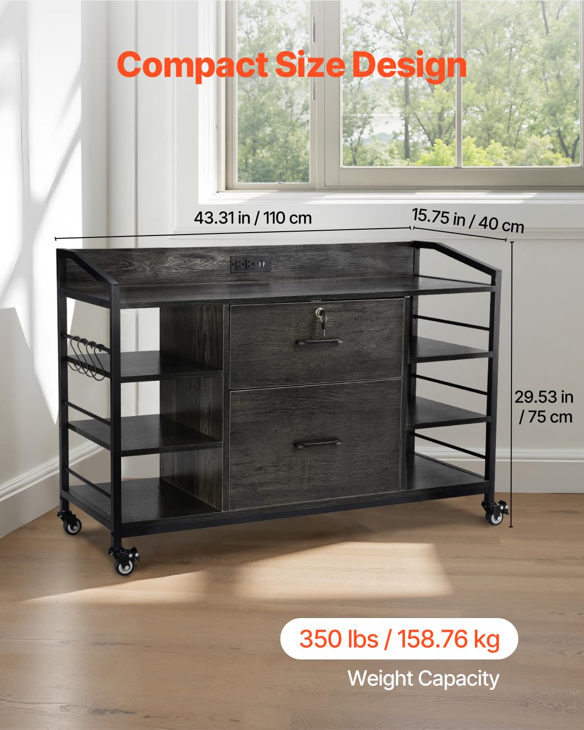 VEVOR 2 Drawers Metal File Cabinet, Lateral Filing Cabinet with Lock and 6 Open Shelves, Wooden Wide Filing Storage Cabinets with Power Strip for Letter, A4, Legal Size File, Easy Assembly, Gray