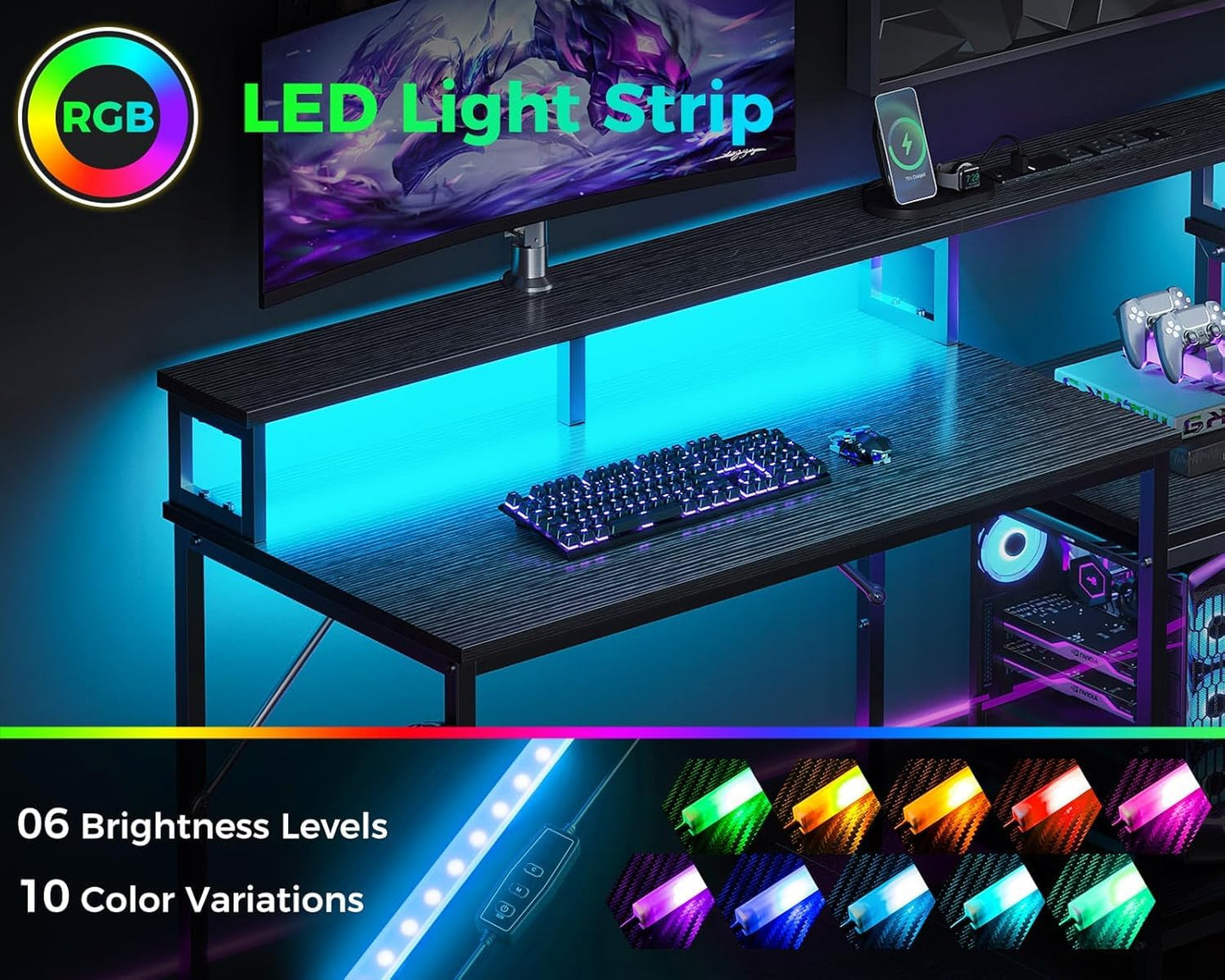 Casaottima 98 Inch 2 Person Gaming Desk with Storage Shelves, Long Double Home Office Computer Writing Desks with USB Charging Port & LED Lights, Monitor Stand, Modern Study/Work Table,Black