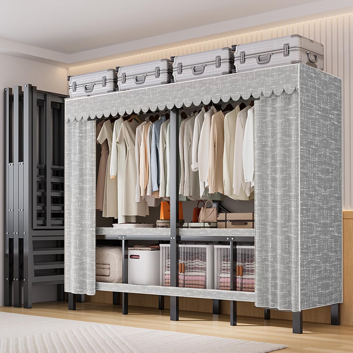 FKKPRVAX Heavy Duty Portable Closet with Cover 1200Ibs Foldable Covered Clothes Rack for Hanging Armoire Wardrobe Closet System Freestanding Coat Storage Garment Racks (168cm/66in（Hazy Gray）)