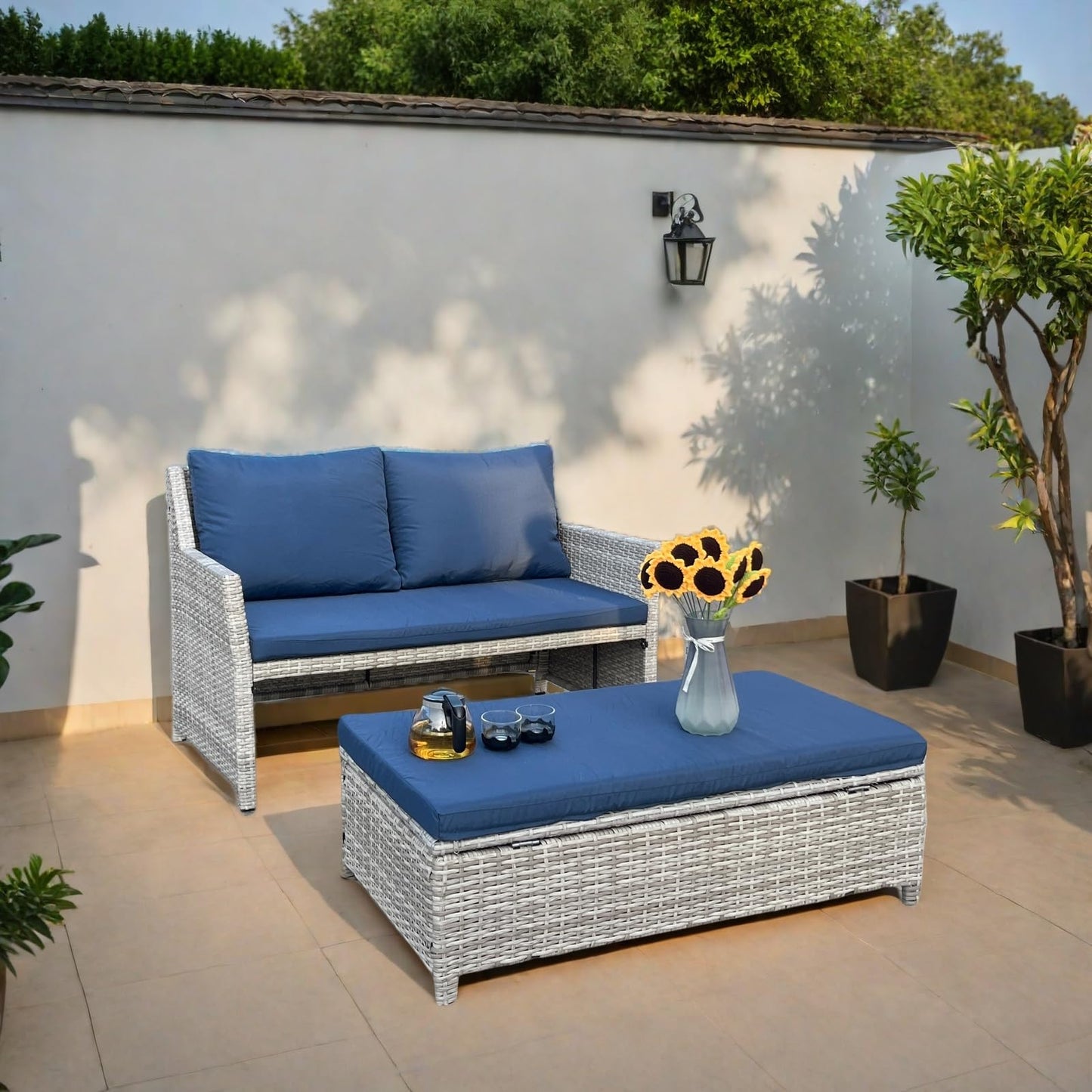 2 Piece Patio Sofa, Outdoor Patio Loveseat with Built-in Storage Bin, Wicker Couch with Coffee Table, for Balcony,Porch,Pool (Grey-Blue)