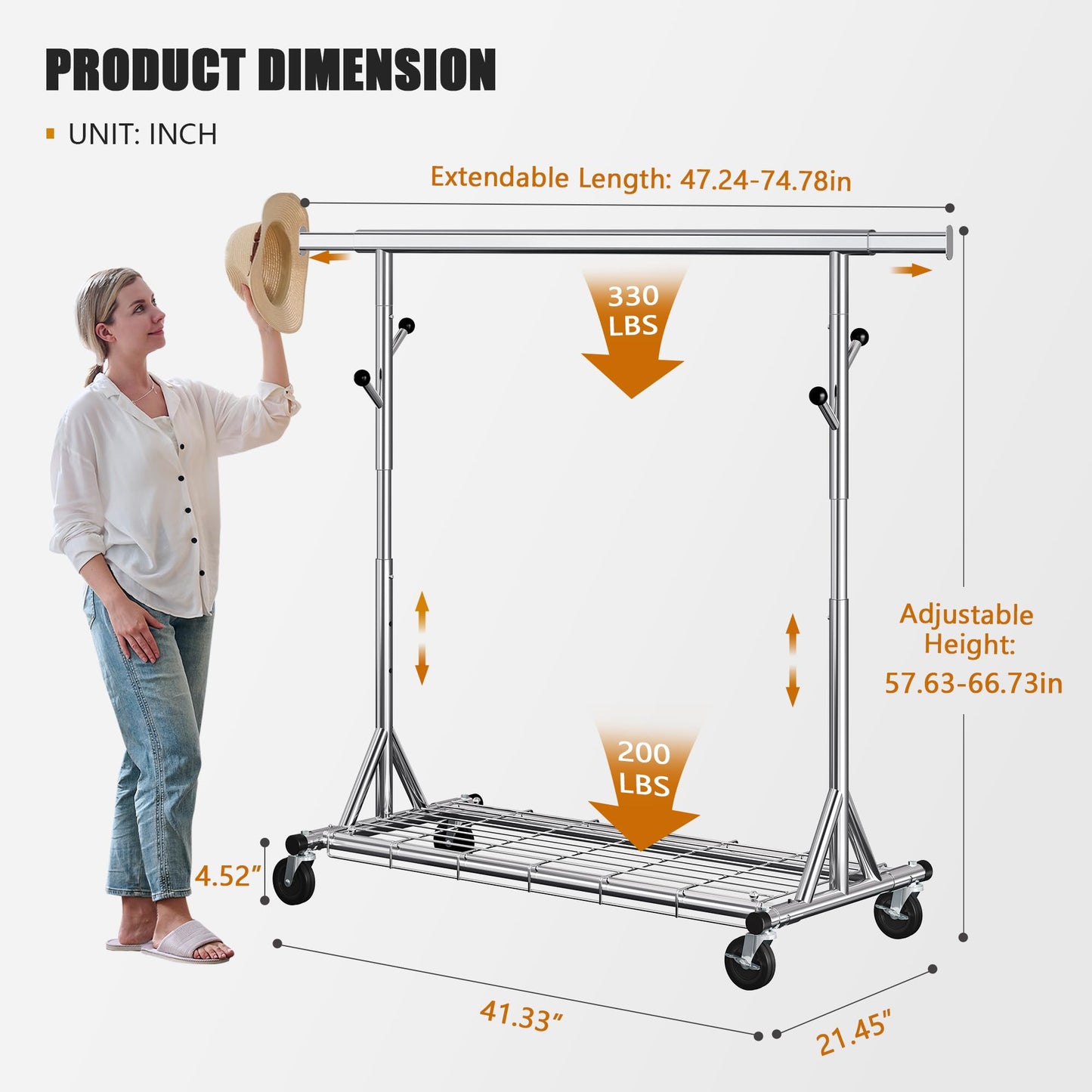 Gewudraw Heavy Duty Clothes Rack Load 530 LBS Metal Clothing Garment Rack Hang 200 pieces of clothing on Wheels Collapsible Rolling Portable & Adjustable with Hook for Hanging Clothes