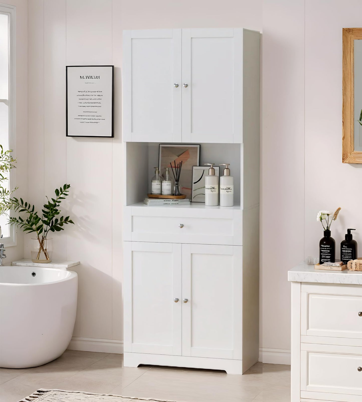 Tall Bathroom Storage Cabinets with Drawer, Modern Linen Cabinet with Doors & Shelves, 67"H Tall Storage Cabinet Freestanding for Bathroom, Living Room, Kitchen & Pantry, Laundry, Narrow Corner, White
