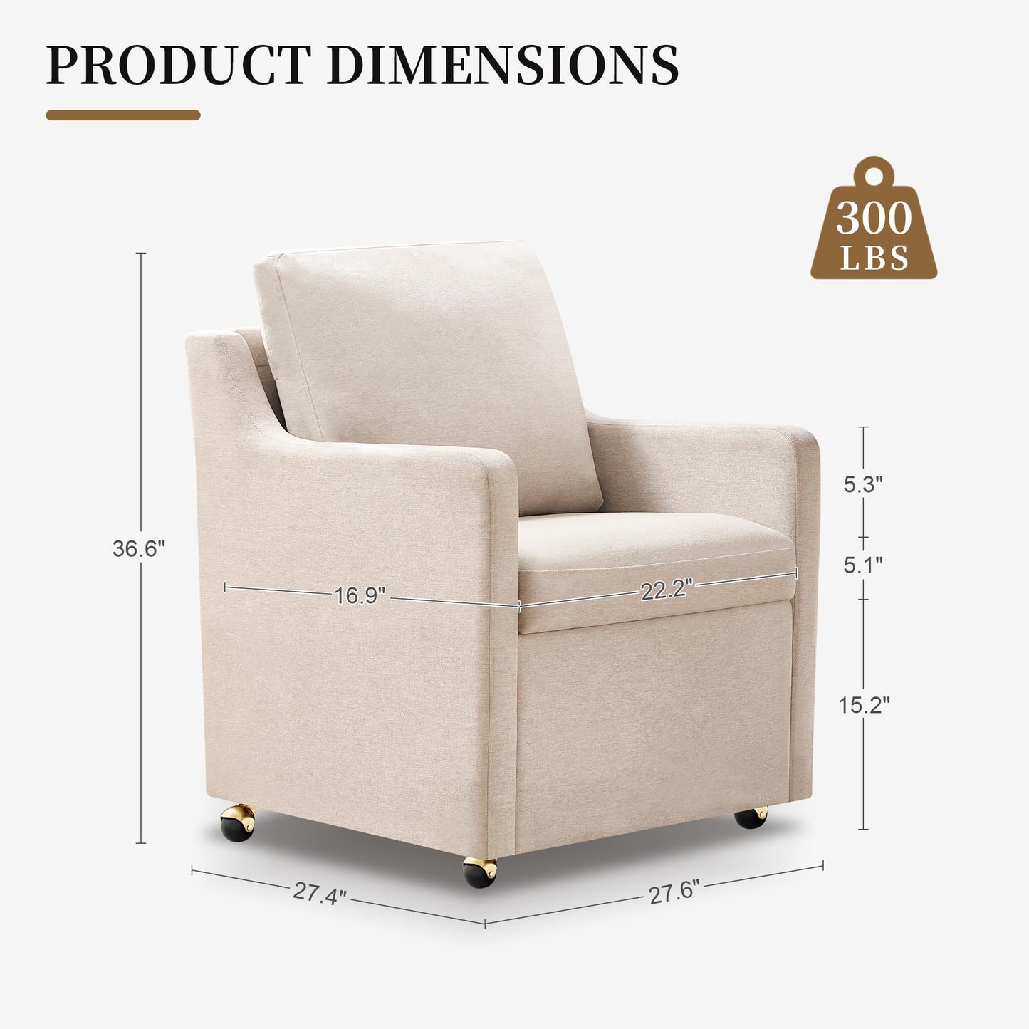 VIKAYAMICS Modern Dining Chair, Linen Upholstered Dining Chairs with Back Pillow and 4 Casters, Accent Armchair for Reading Room Living Room Bedroom