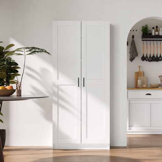 White Tall Kitchen Pantry Cabinet Organizers and Storage with Doors and Adjustable Shelves，Wood Large Gabinetes Para Cocina Office Bookshelf for Laundry Room Cabinets (31.5”W*15.7”D*71”H)