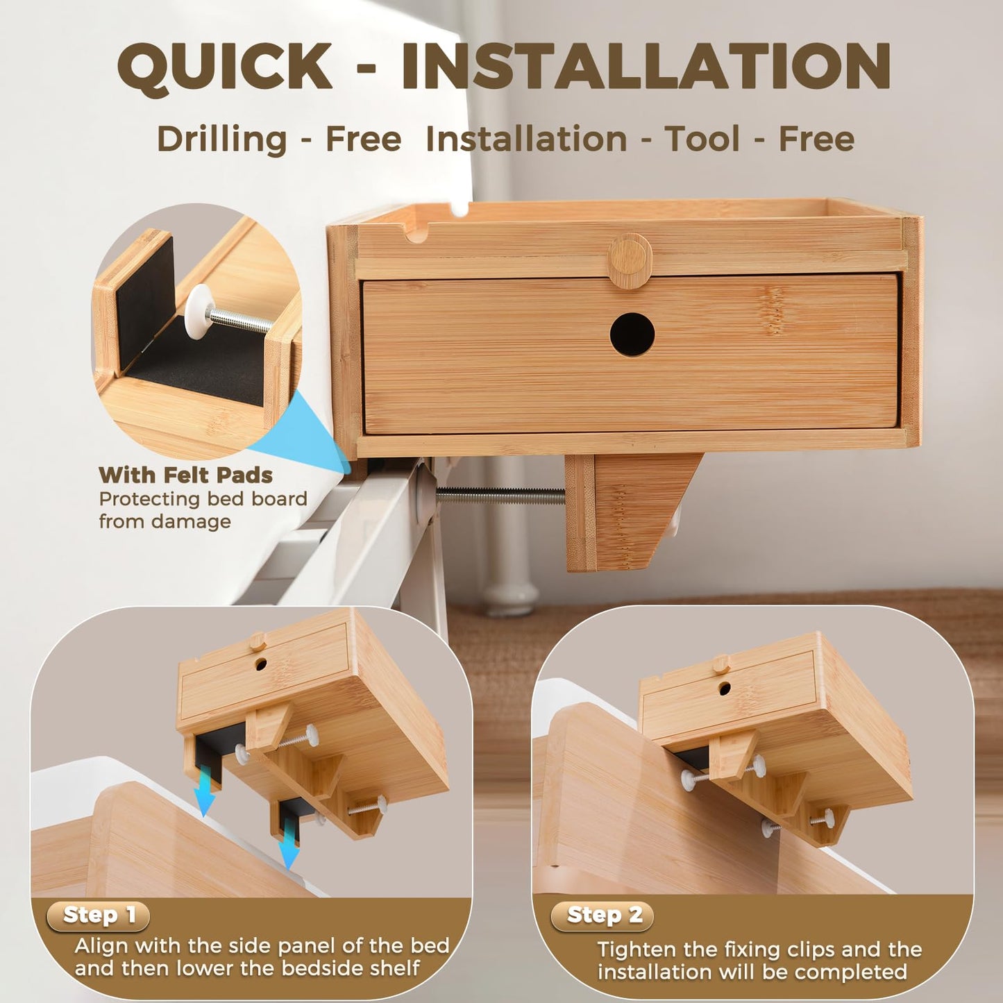 Vekkia Natural Bamboo Bedside Shelf with Drawers - For College Dorm Bunk Beds, Blending Decor and Storage