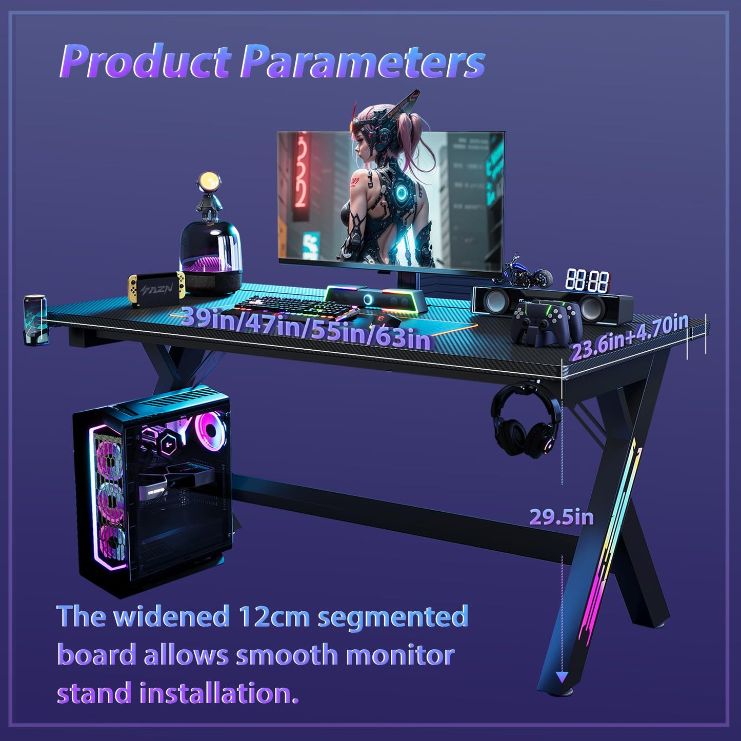 55.11 Inch Gaming Desk Computer Desk with LED Lights, Sturdy Small Desk for Bedroom, Home Office Desks Ergonomic PC Gaming Table Workstation w/Cup Holder, Headphone Hook, Cable Box, Carbon Fiber Black