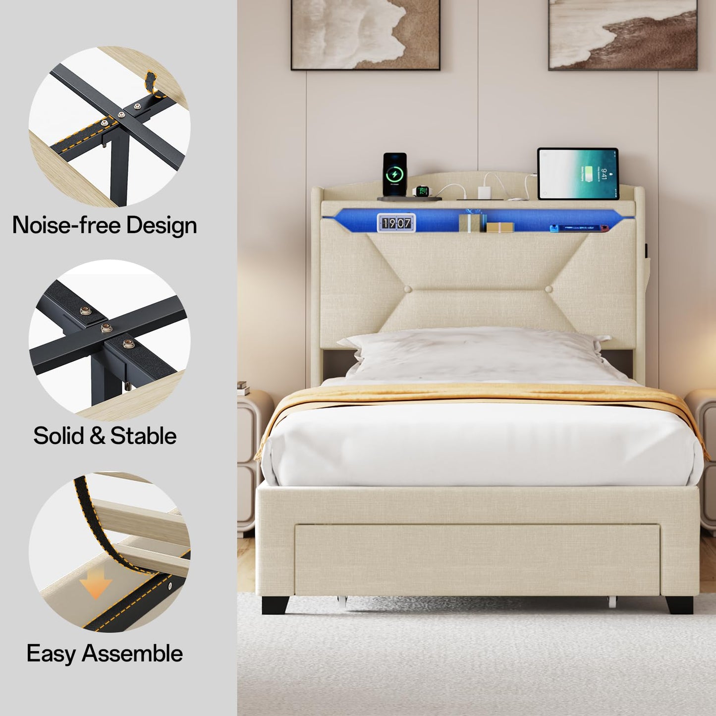 VINTLJUS Twin Bed Frame, Twin Bed Frames with Storage Headboard, Upholstered Twin Size Bed Frame with Drawers, Charging Station and LED Lights, Easy Assembly, Beige