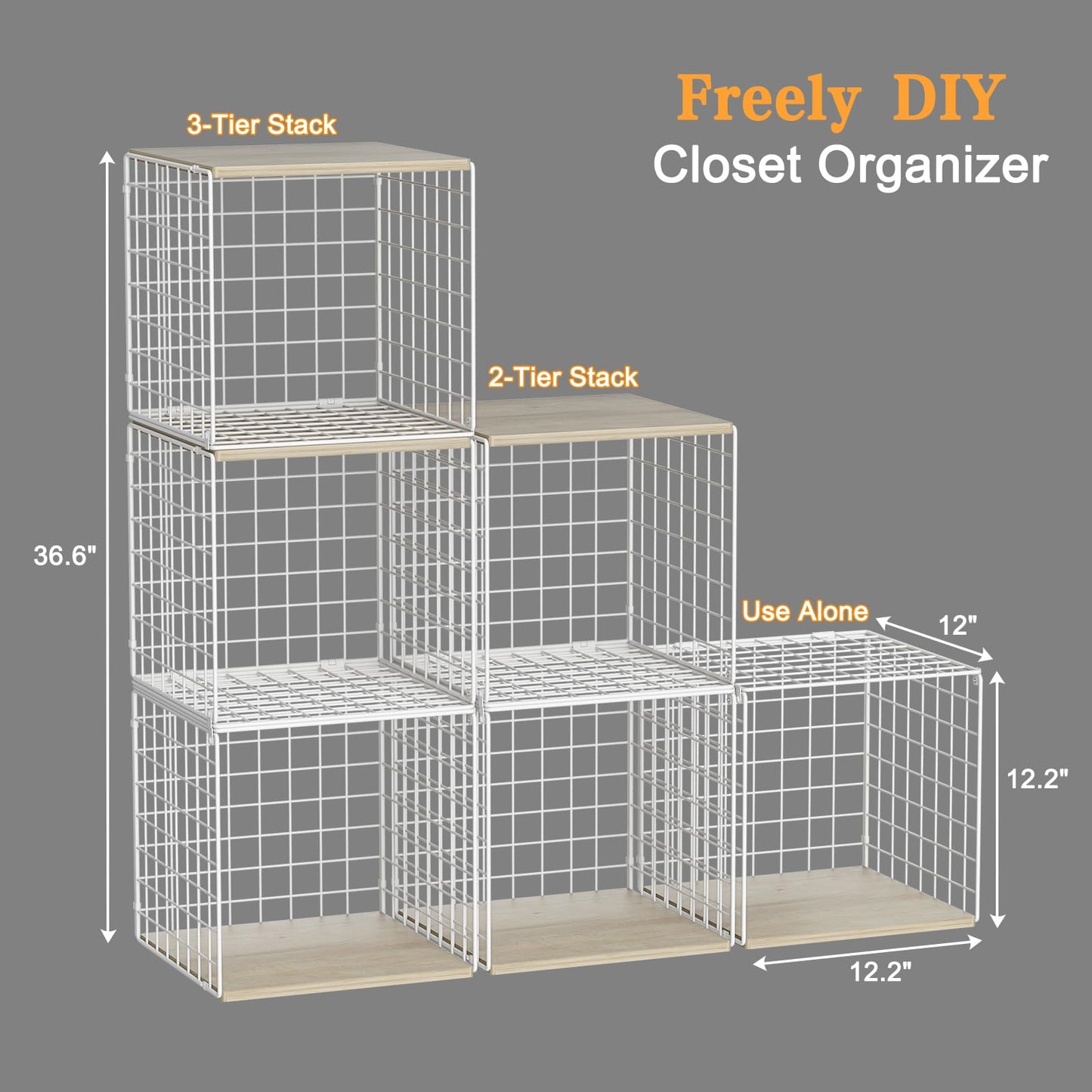 3PCS Stackable Closet Organizers and Storage, Closet Shelves with Wood Top Extra Storage, Clothes Storage Organizer Basket Bin/Cube for Home Wardrobe Organization(White-Sturdy Metal) Patent Pending