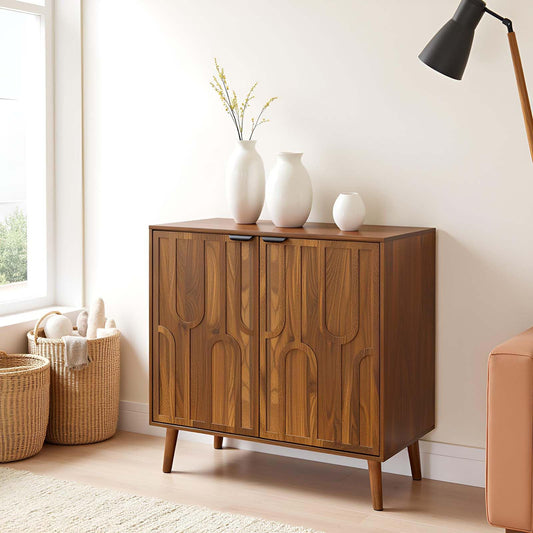 YMW Sideboard Buffet Cabinet, Mid Century Modern Storage Cabinet with Paper Clip Design Doors and Adjustable Shelves, Boho Style Wooden Buffet Cabinets for Hallway, Entry, Living Room, Walnut