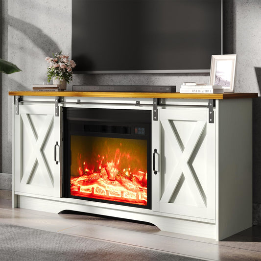4 EVER WINNER Fireplace TV Stand with Sliding Barn Door for TVs up to 65", Farmhouse 59“ Entertainment Center with Adjustable Storage Cabinets, TV Console Table for Living Room, White
