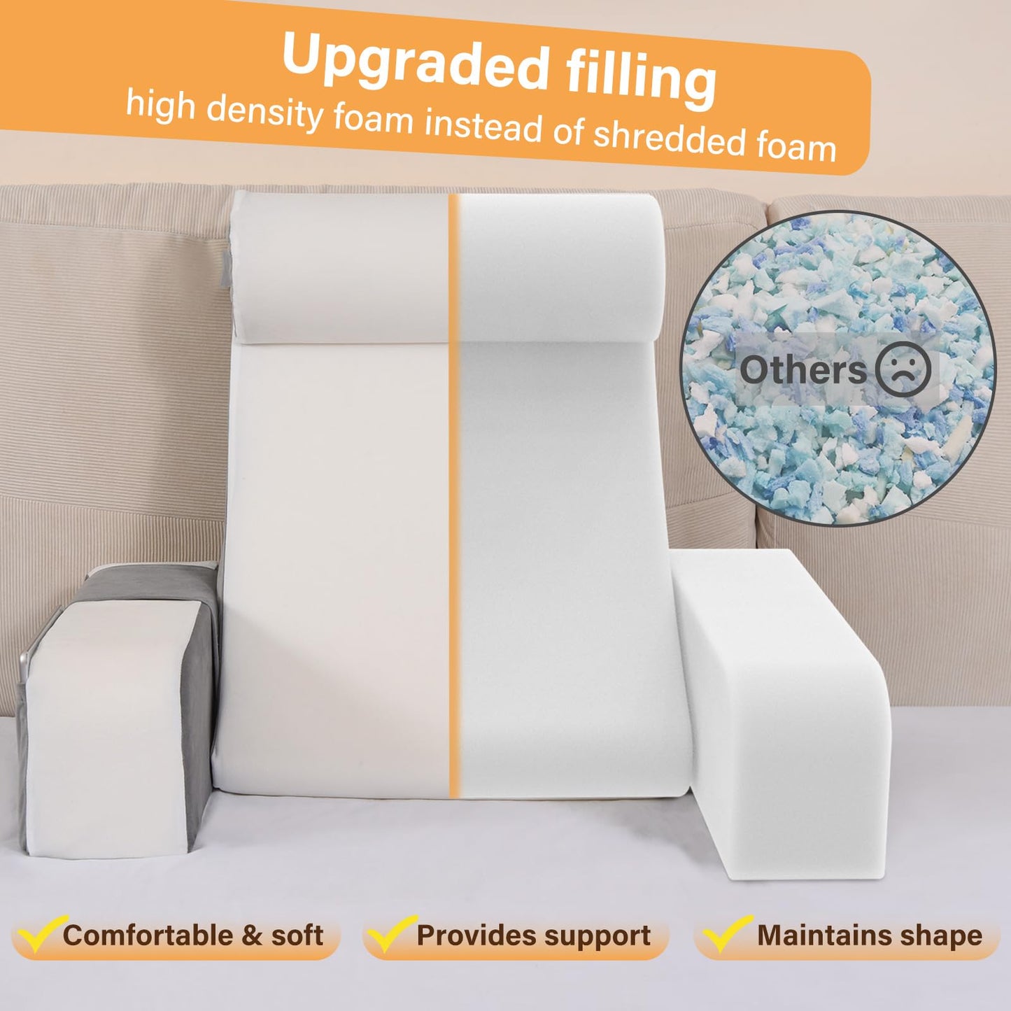 Vekkia Reading Pillow with Adjustable Arms & Headrest – Zoned Foam Support, XL Side Pockets, Removable Cover, Back Support Chair for Reading, Gaming, Post-Surgery Recovery in Bed or Floor, 21"