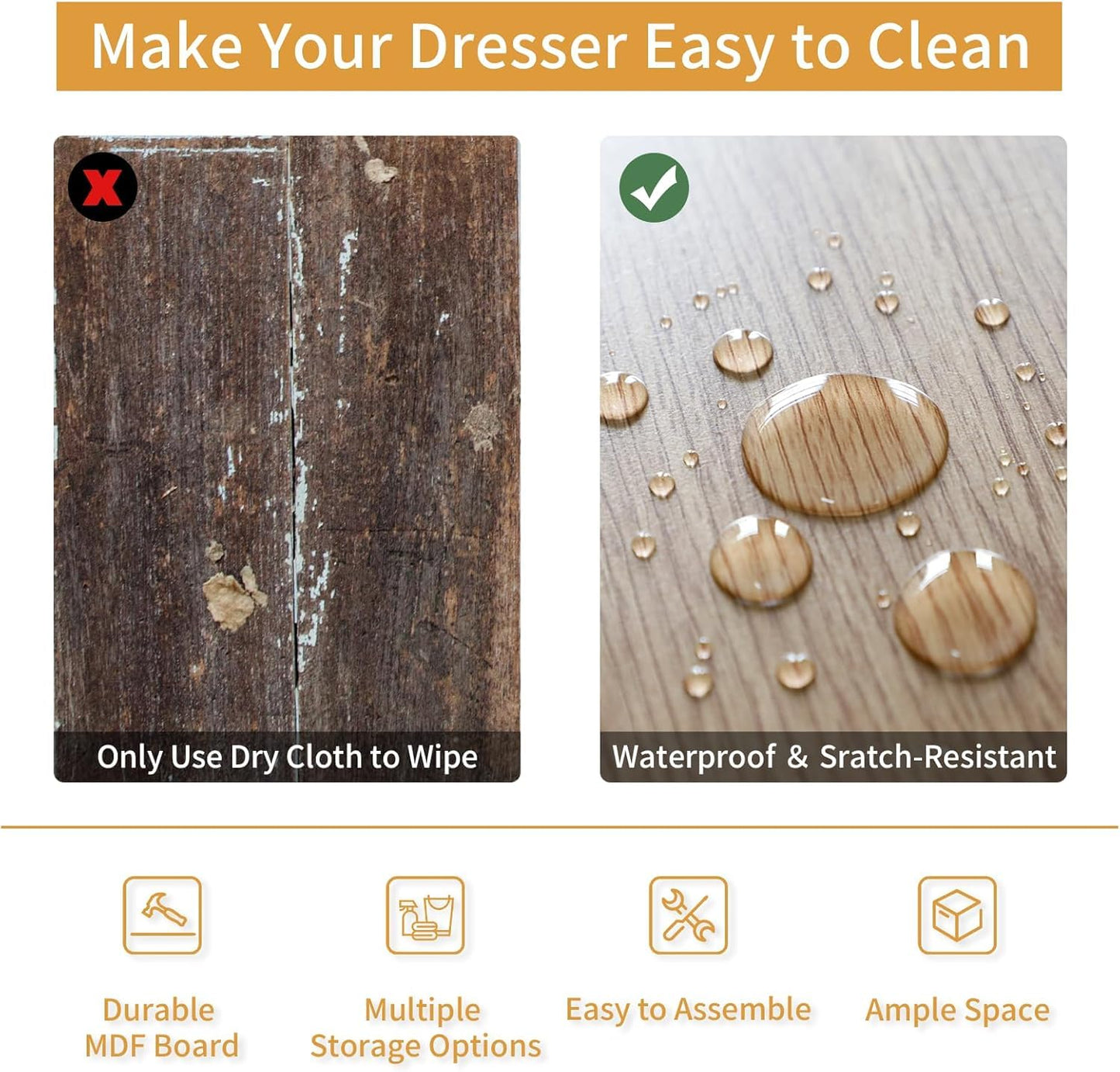 Tradare Black Dresser, Fluted 6 Drawer Dresser for Bedroom, Wooden Modern Chest of Drawers with Gold Metal Handles, Black