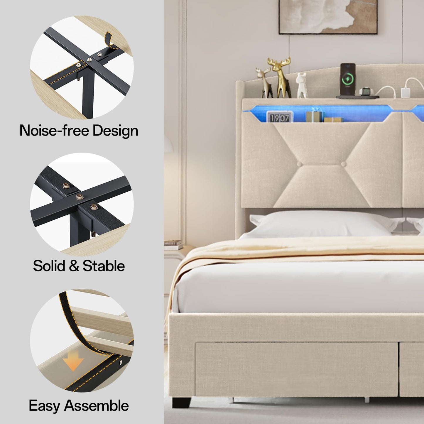 VINTLJUS Queen Size Bed Frame with Storage Headboard, Queen Bed Frame with 2 Drawers, Upholstered Platform Bed with Charging Station and LED Lights, Easy Assembly, Beige