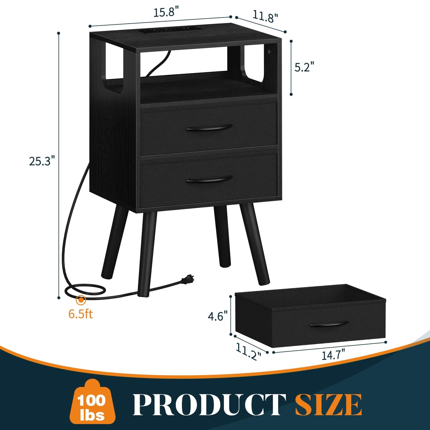 Yoobure LED Night Stand with Charger Station, Mid Century Modern Nightstand with Fabric Drawers, Bedside Table Nightstands with Storage Shelf, Bed Side Table Small Night Stands for Bedroom Living Room