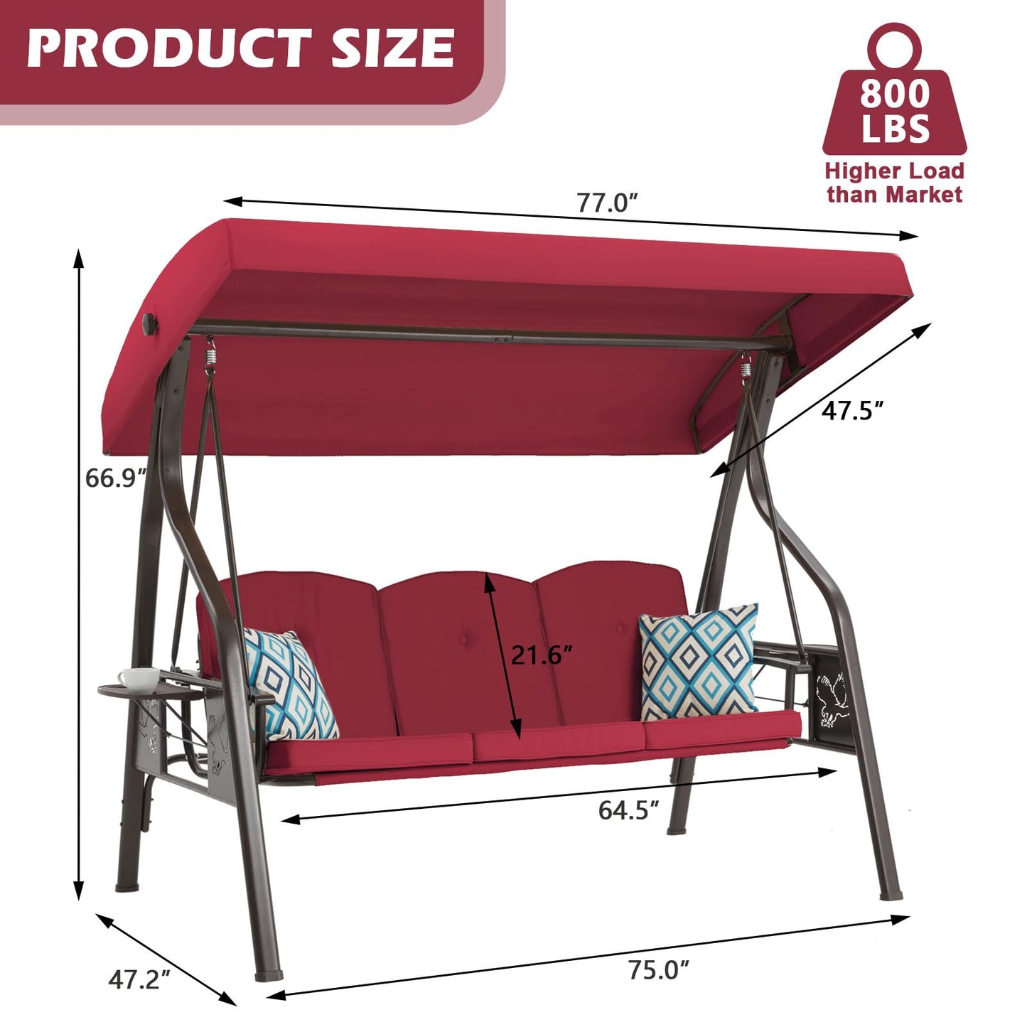 ZZW 3-Seat Outdoor Porch Swing with Stand, Patio Swing with Canopy, 2 in 1 Porch Swing Bed & Patio Swing Chair for Adult w/Extra Pillows and Cup Holder for Yard (Wine Red)