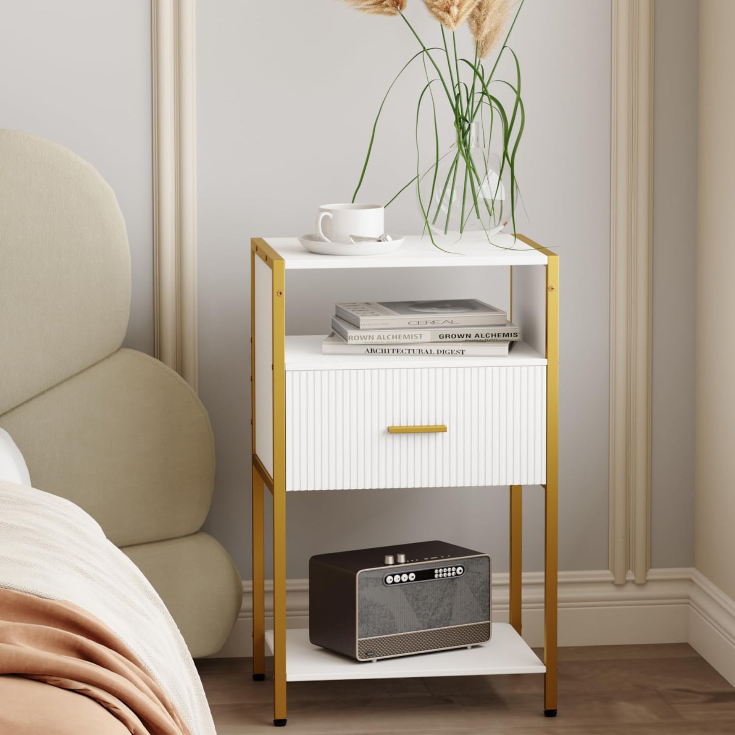 Veegle Fluted Nightstand, Modern Side Table with Drawer, White and Gold Bedside Table with Open Shelves for Living Room, Bedroom